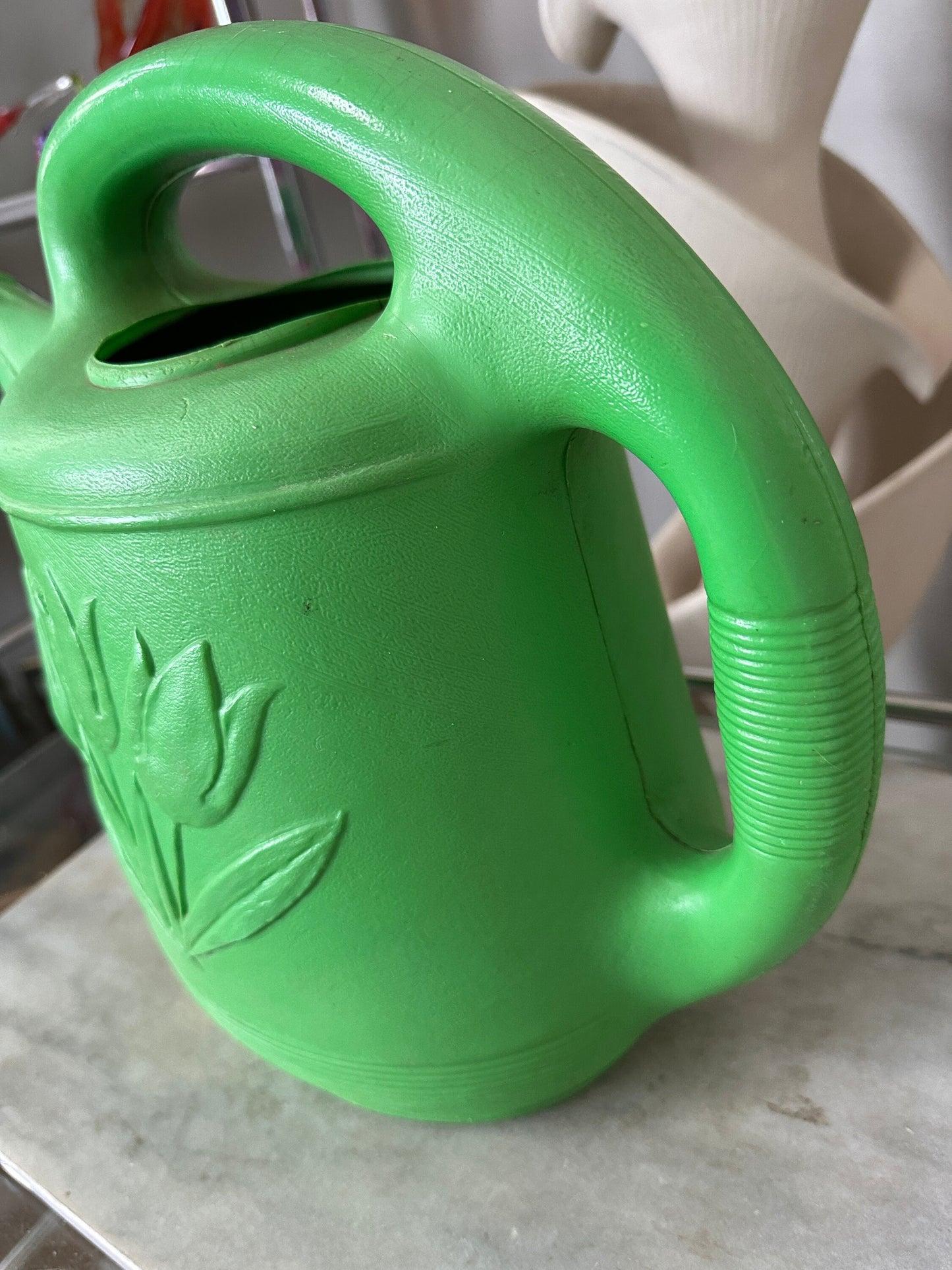 Vintage Union Products Green Blow Mold Plastic Watering Can w/ Tulips