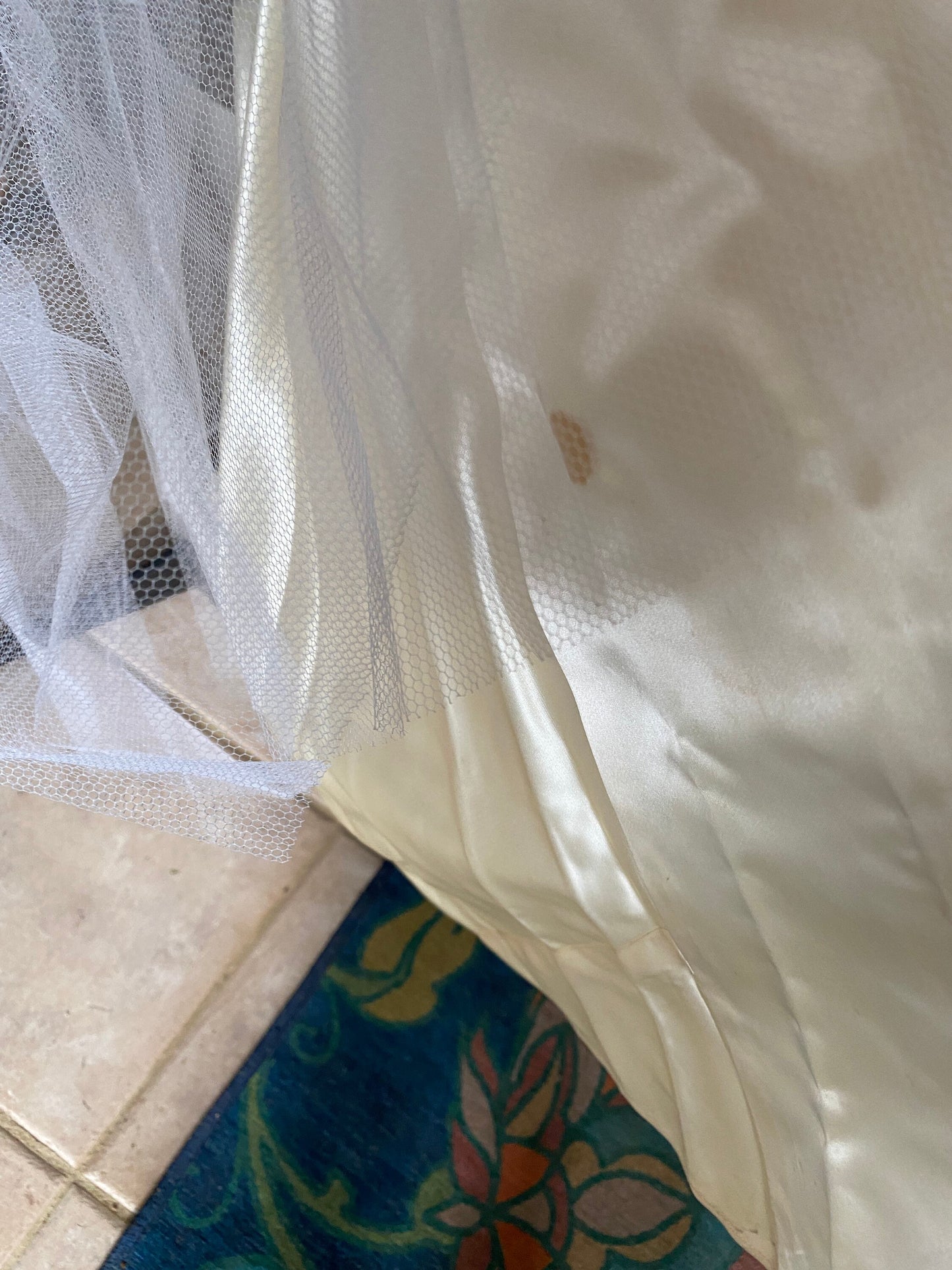 Vintage 1950s Ivory/Light Gold Satin and Lace Long Sleeved Wedding Gown | Scalloped Neckline | Unique Design