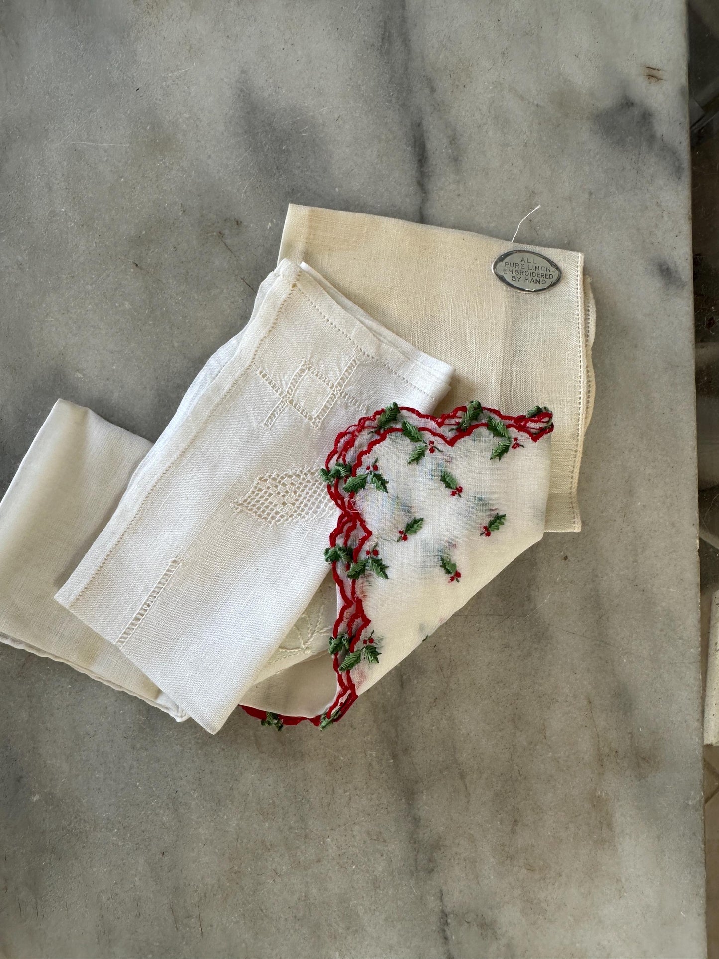 5 Vintage Shabby Chic embroidered Hankies - Gorgeous Ivory and White and Christmas Hankies - Vintage Bridal Wedding Hankie