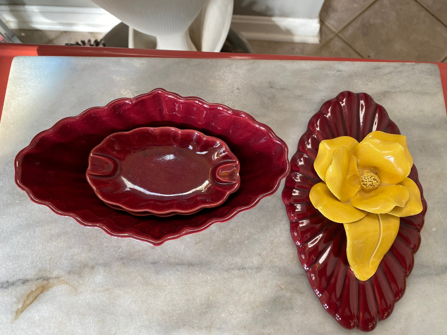 Unique Mid Century Ashtray | USA Pottery Covered Ceramic Container w Two Small Ashtrays | Daffodil Bowl | Mid Century Decor