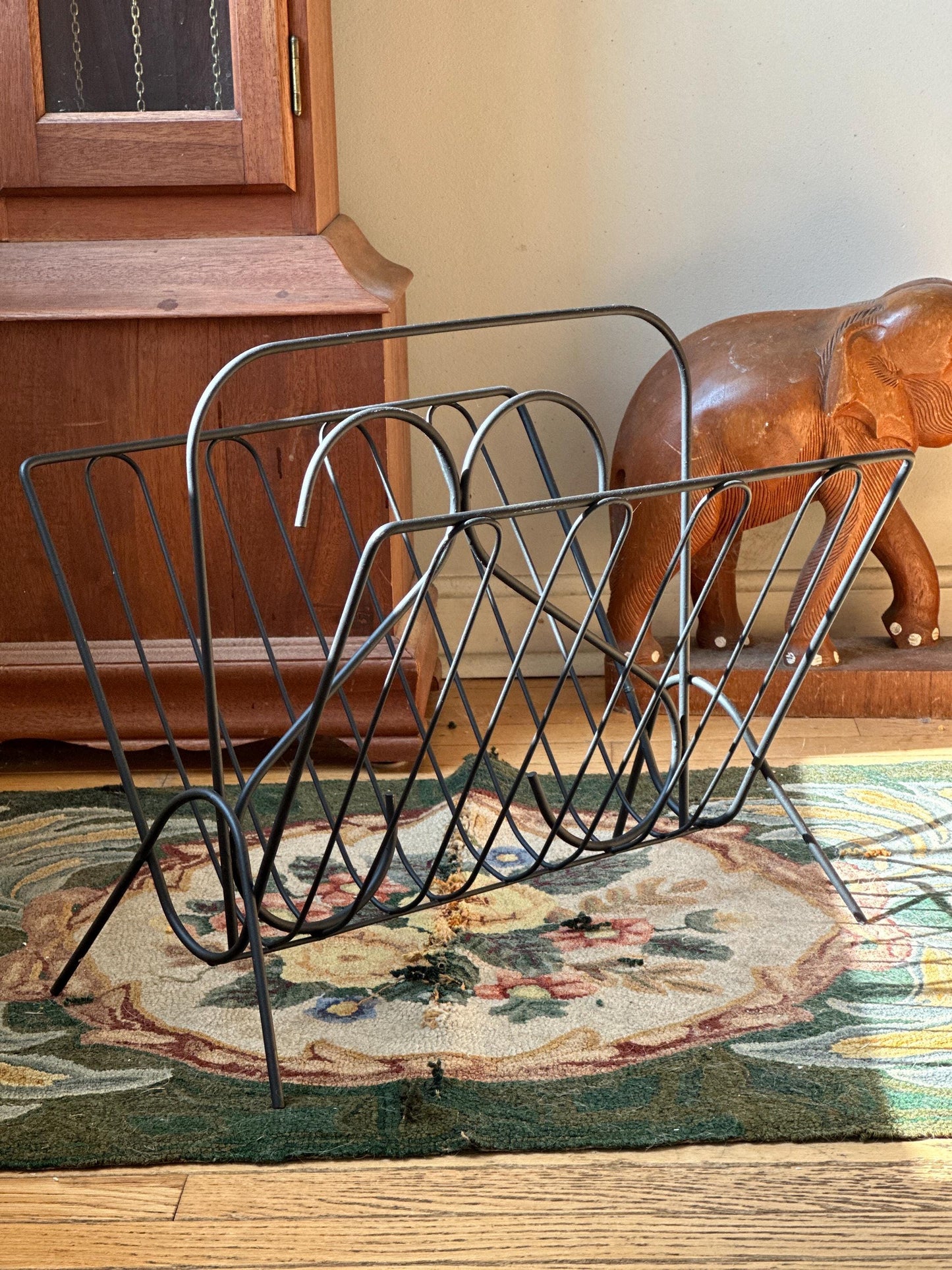 Vintage Mid Century Modern Magazine Rack Black Metal Wire | Sleek Styling | Album Holder