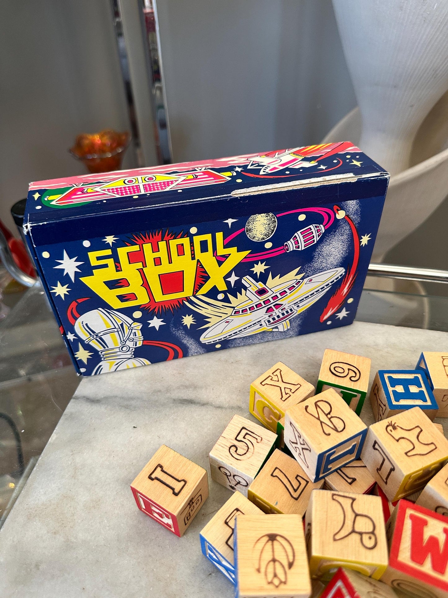 Vintage Wood 1 Inch Letter Blocks (Set of 34) in Vintage Space School Box