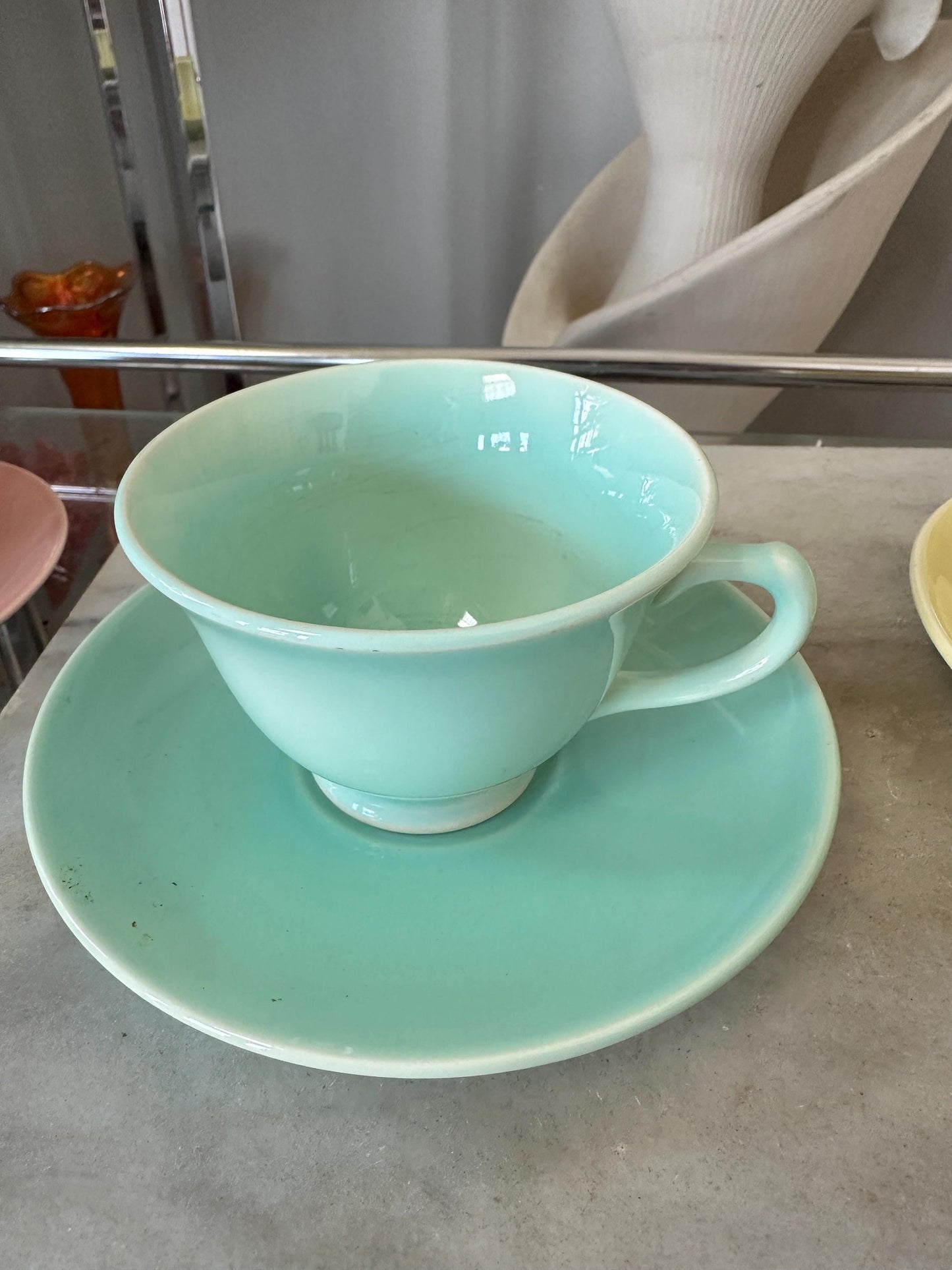 1930s Lu-Ray Pastel Cup and Saucer Set, Retro Kitchen Decor