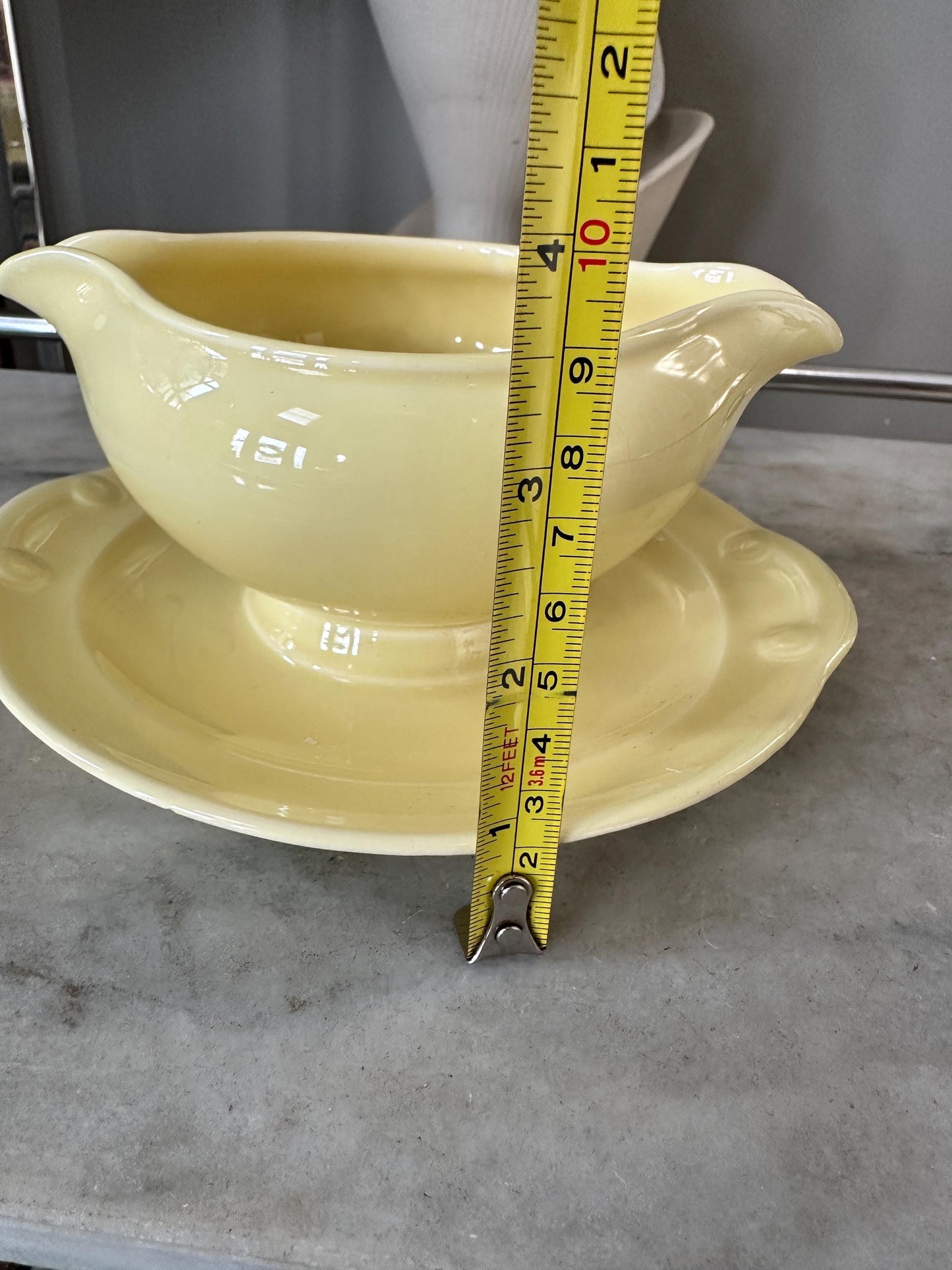 Vintage LuRay Pastel Yellow Gravy Boat w/ Attached Plate | 16 oz | MCM Ceramic Dinnerware