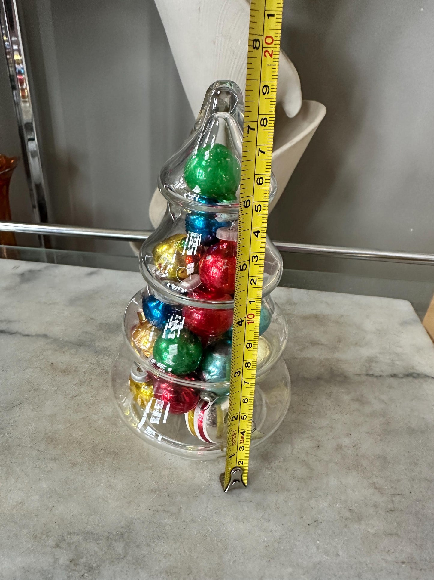 Vintage Christmas Tree Jar with Mini Mercury Glass Ornaments, 9 inches tall