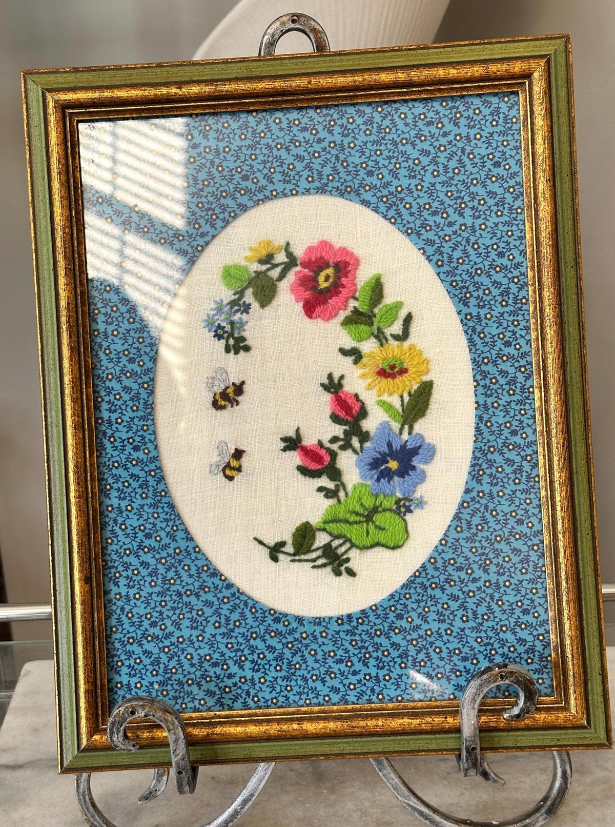 Vintage Janlynn Crewel Embroidery | Framed Floral & Bee Needlework