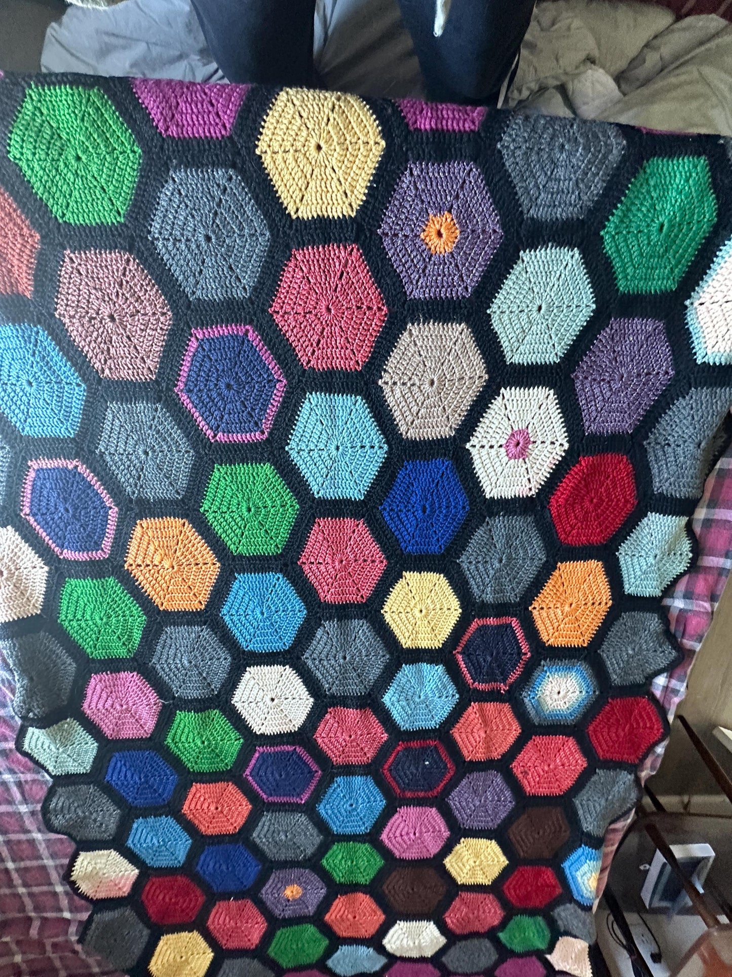 Vintage Crochet Afghan | Handmade Geometric Hexagon Throw Blanket