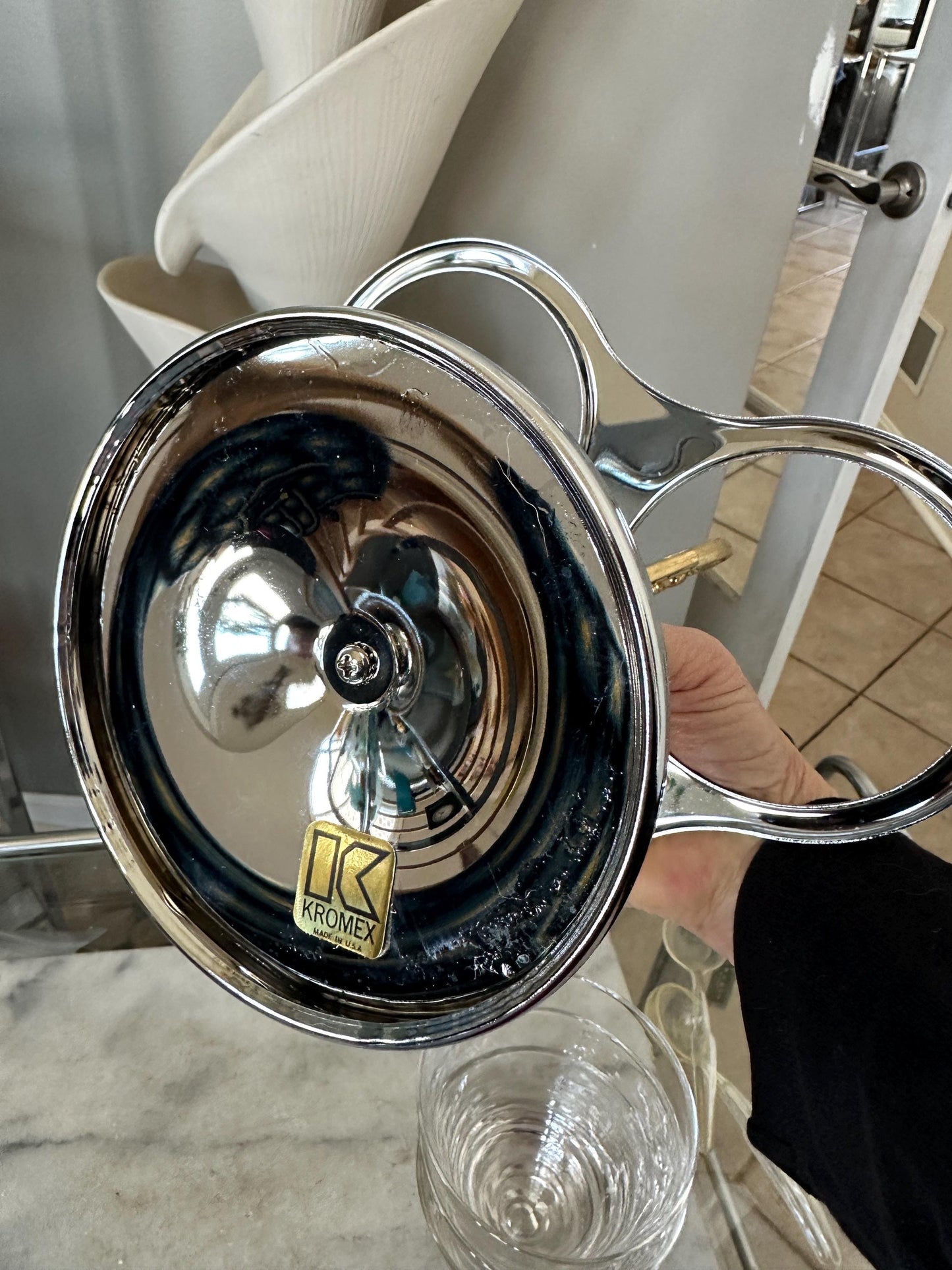 Vintage Kromex Condiment Caddy | Rotating Chrome Server | 3 Glass Jars | Mid Century Modern Barware