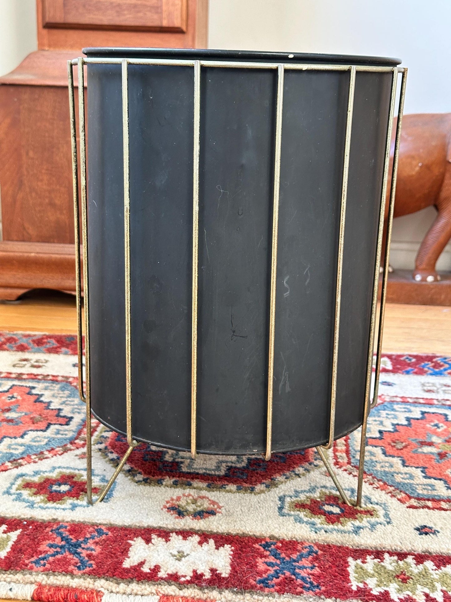 Vintage Atomic Wastebasket | Black Metal & Brass Office Decor