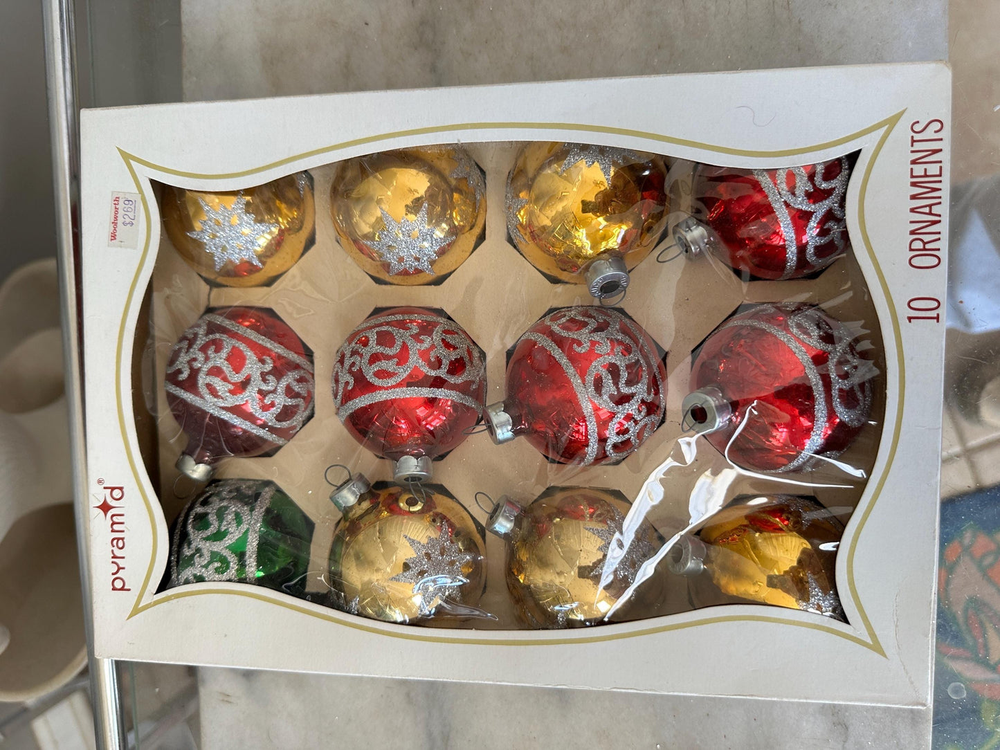 Vintage Pyramid Glass Christmas Ornaments – Stenciled Starburst & Scroll, Set of 12