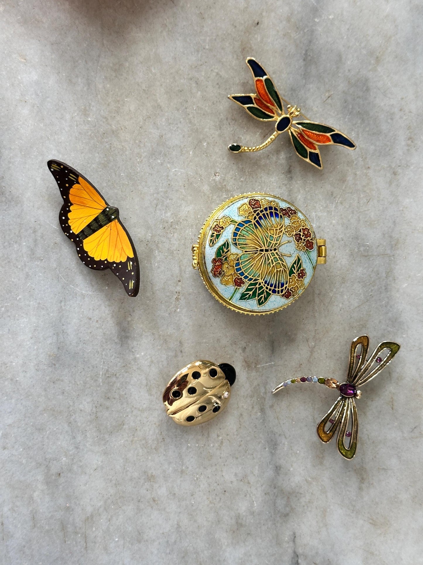 Vintage Insect Brooch Collection with Cloisonné Butterfly Trinket Box – Ladybug, Dragonflies & Butterfly Pins