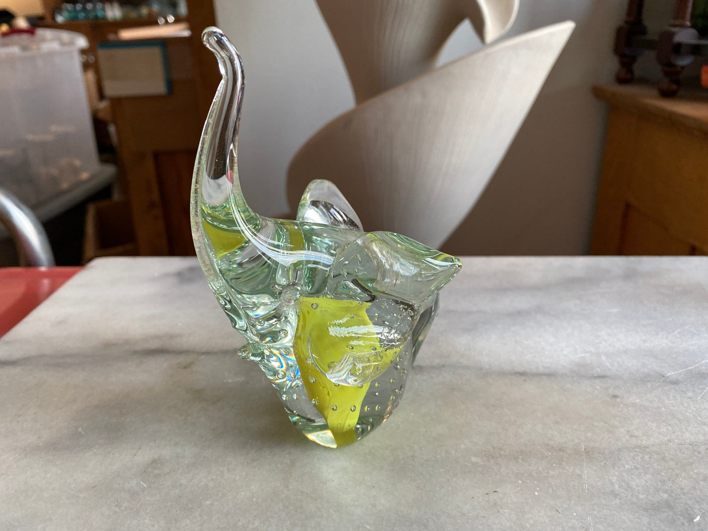 Vintage MCM Controlled bubble glass art glass elephant paperweight | Yellow Details | Trunk Up