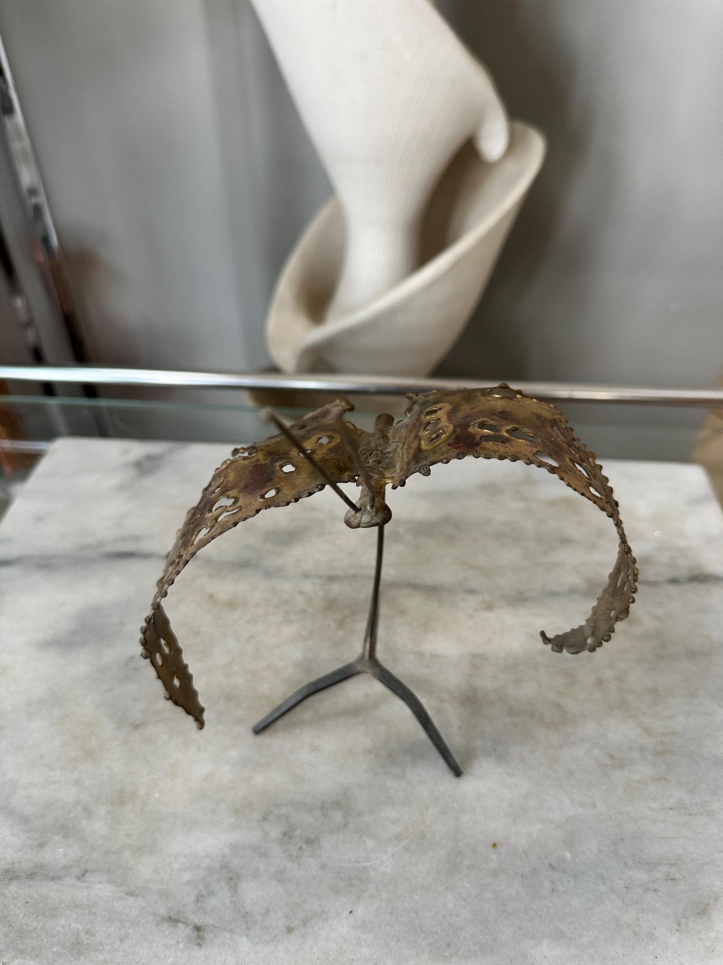 Brass Butterfly Statue Figurine Mid Century Modern 1970s Butterfly Signed by Artist