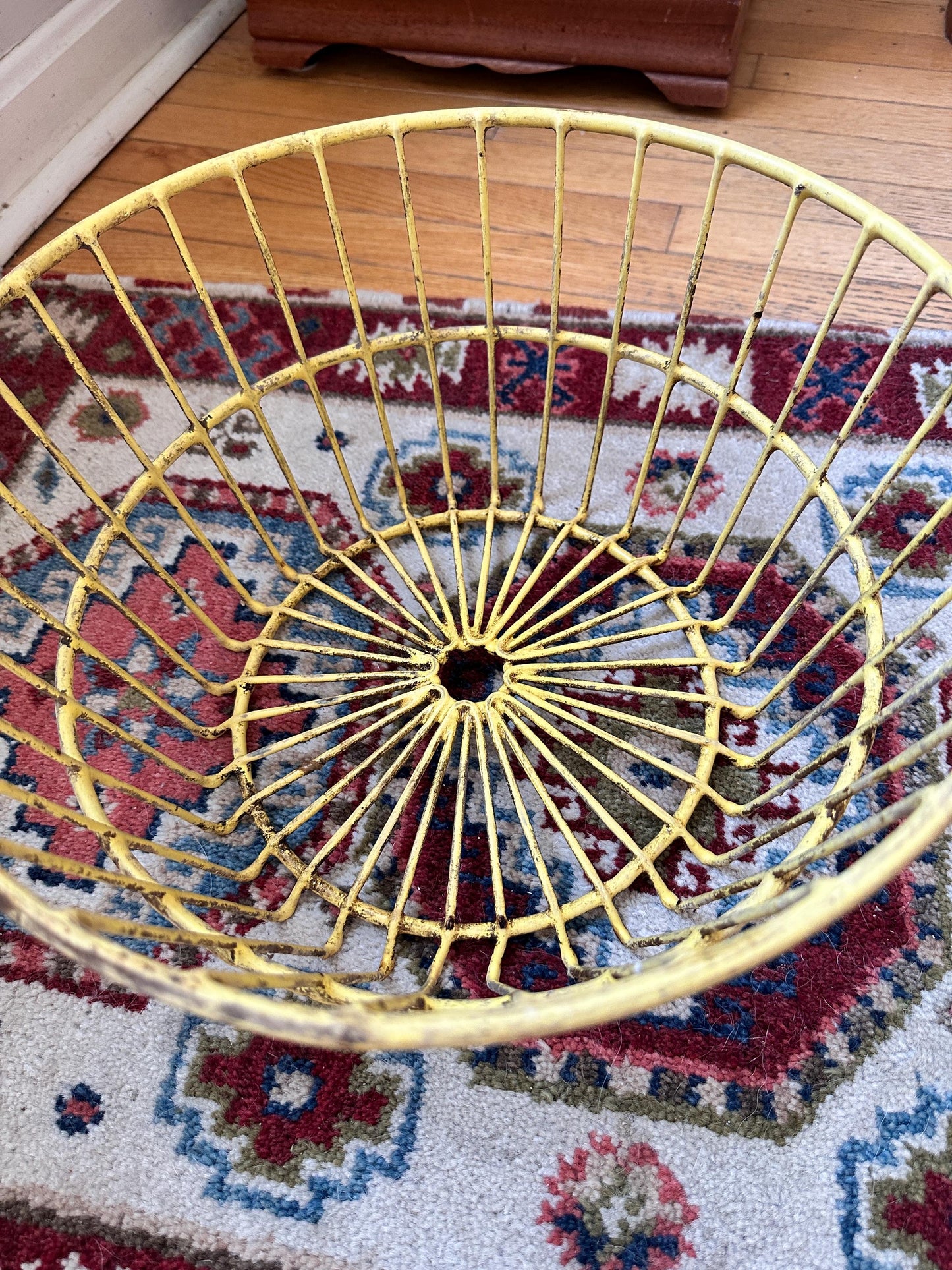 Vintage Yellow Wire Basket: Rustic Farmhouse Egg Carrier, Galvanized Metal (13.5" Across)