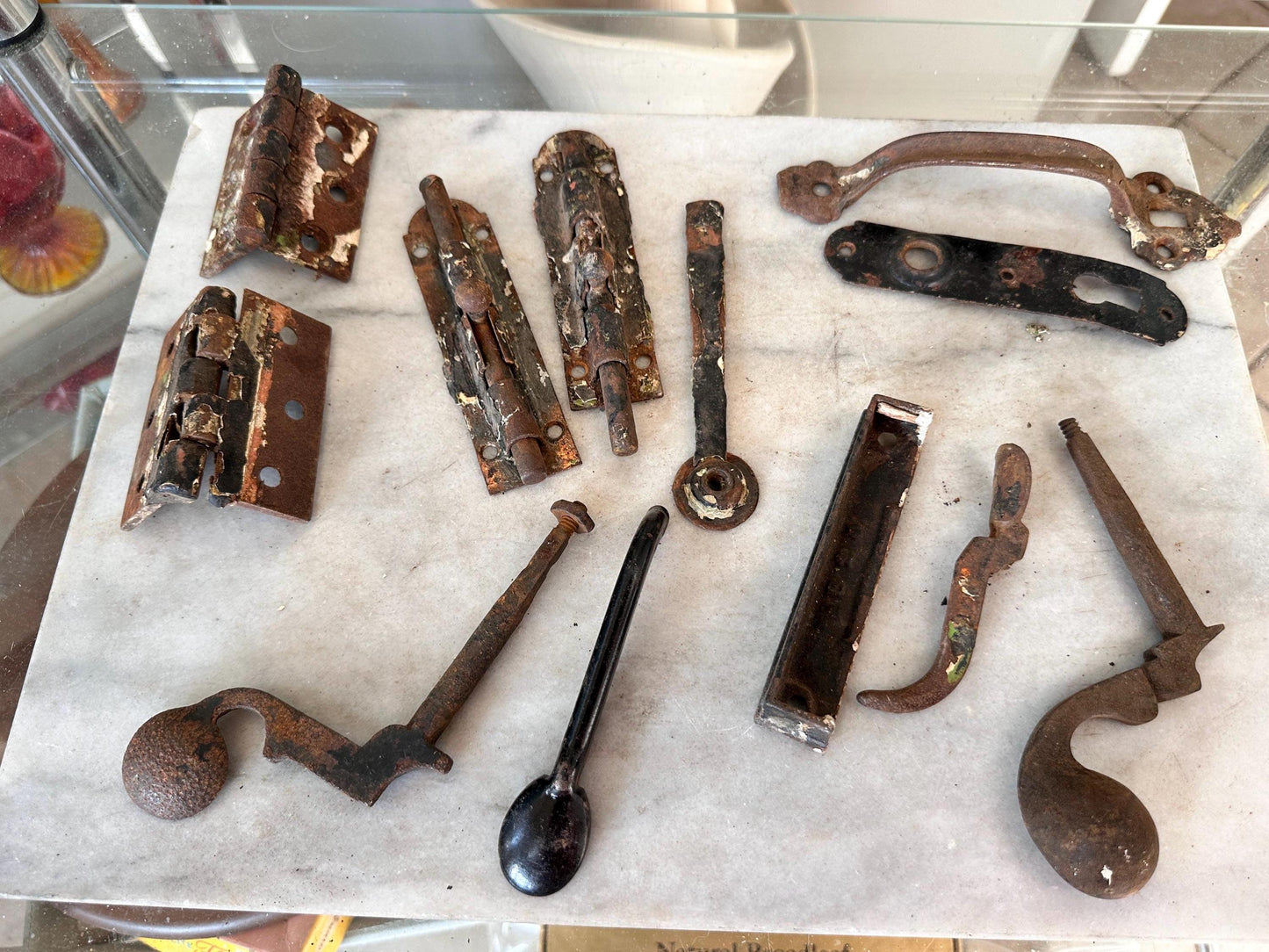 Lot of 12 Vintage Door Hardware Pieces | Hinges, Handles, Architectural Accents