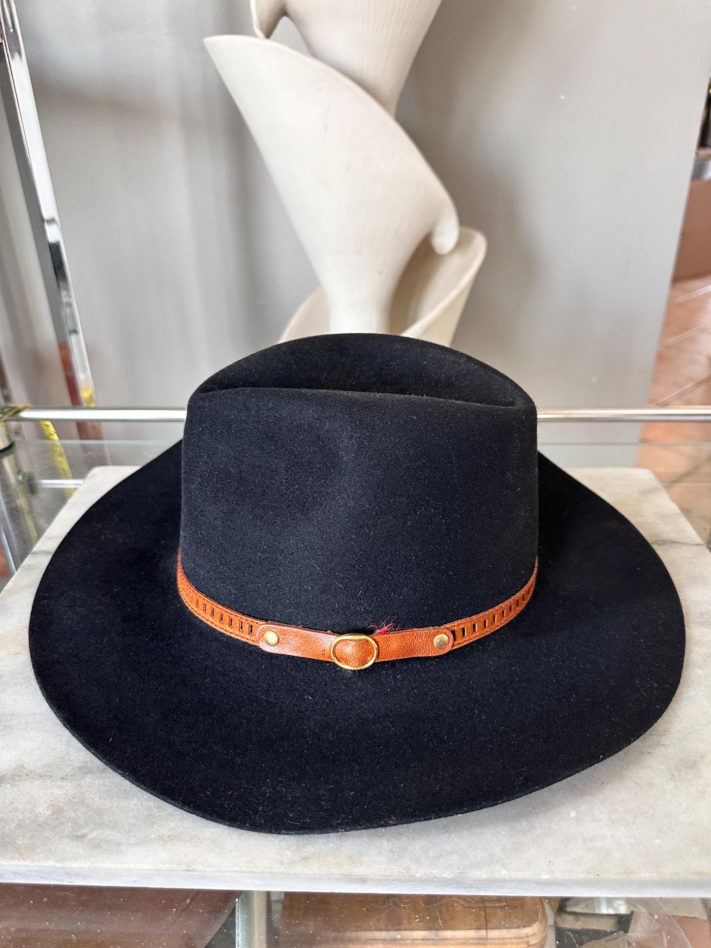 Vintage B.C. Hats Australia Black Fur Felt Outback Fedora, Leather Band