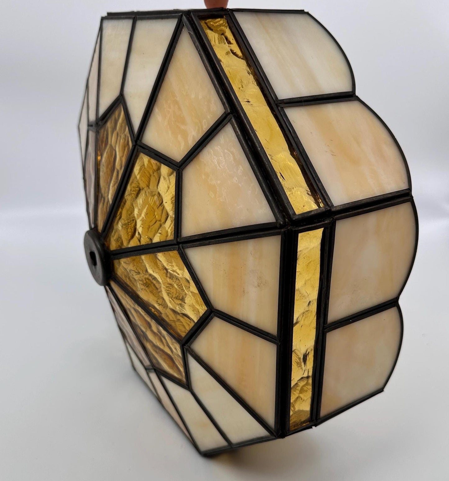 Vintage 1970s Tiffany Style Stained Glass Lamp Shade | Amber & Cream Slag Glass | Geometric Leaded Shade | Replacement Lamp Shade