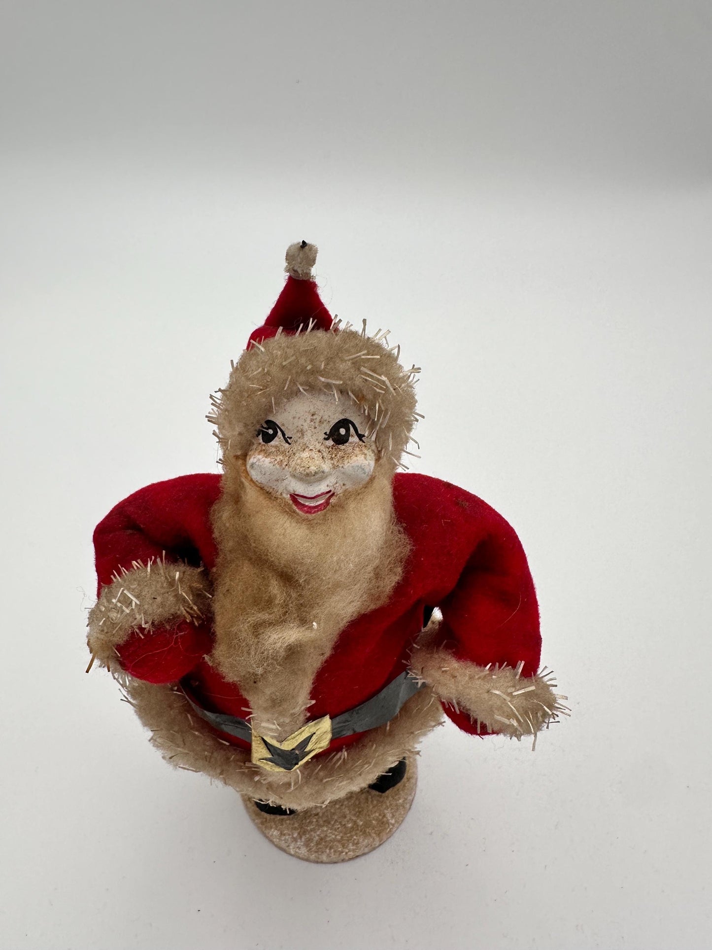 Vintage 1950s Felt Chenille Santa Figurine – Papier-Mâché Face, Mica Glitter, Japan
