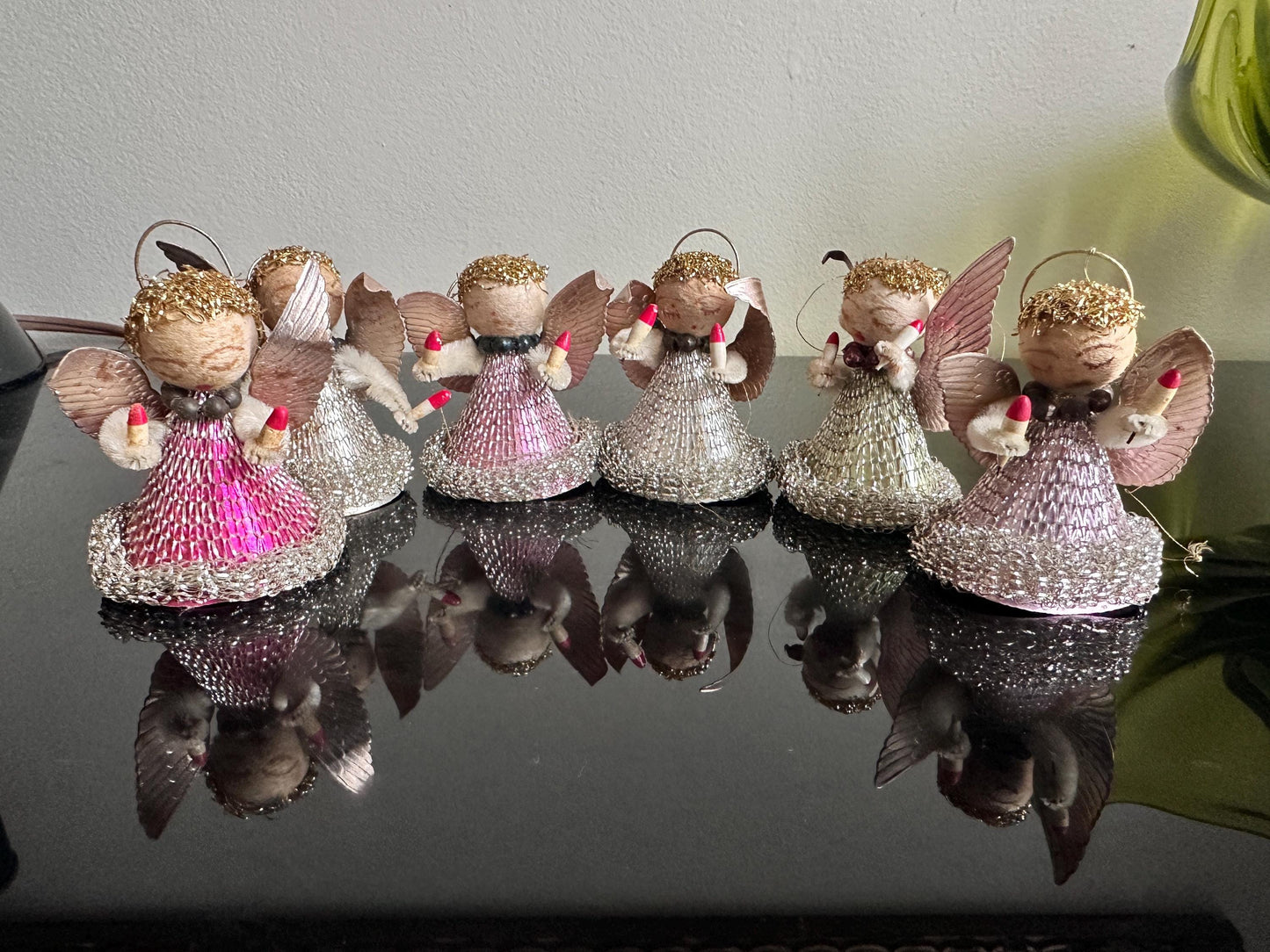 Vintage Angel Christmas Ornaments, Metallic Mesh, Spun Cotton, Foil Wings - Set of 6