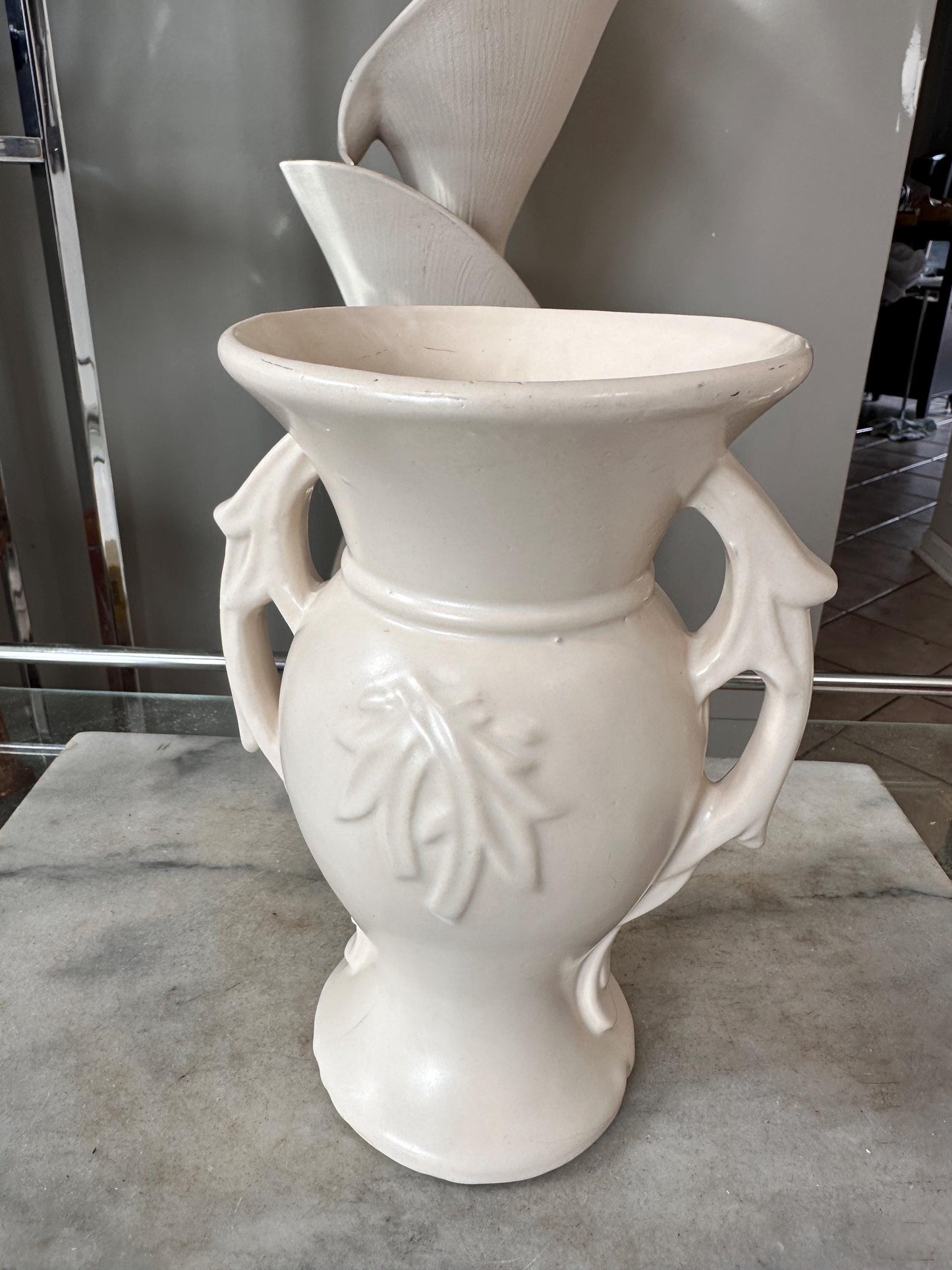 Vintage 1940s McCoy Double Handled Vase | Cream Embossed Leaf Pottery