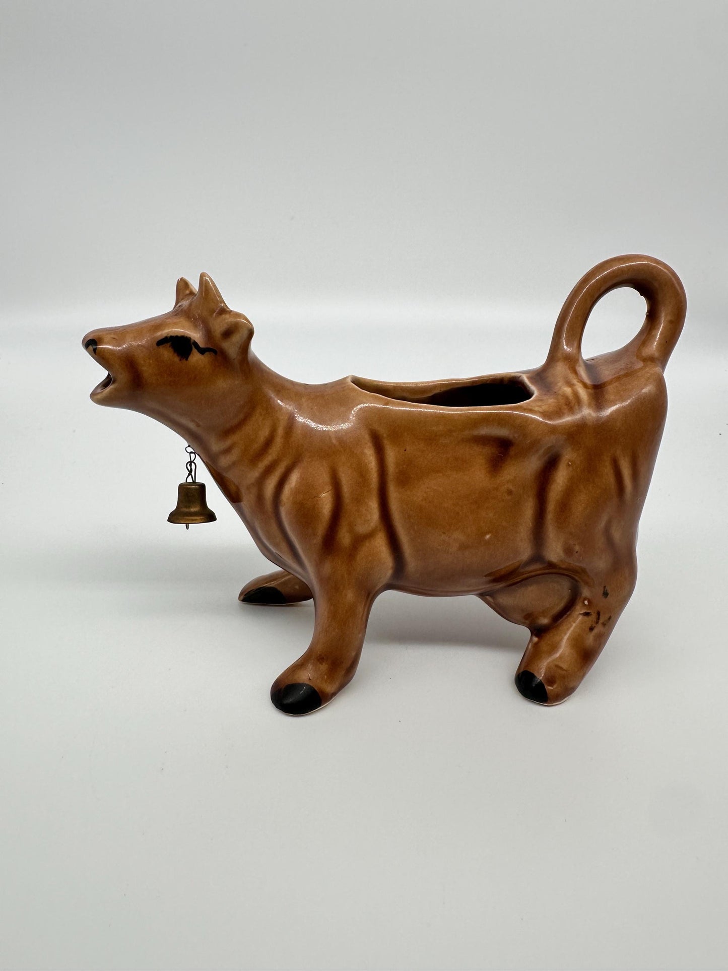 Vintage Brown Cow Creamer Pitcher with Metal Bell | Farmhouse Ceramic Kitchen Collectible