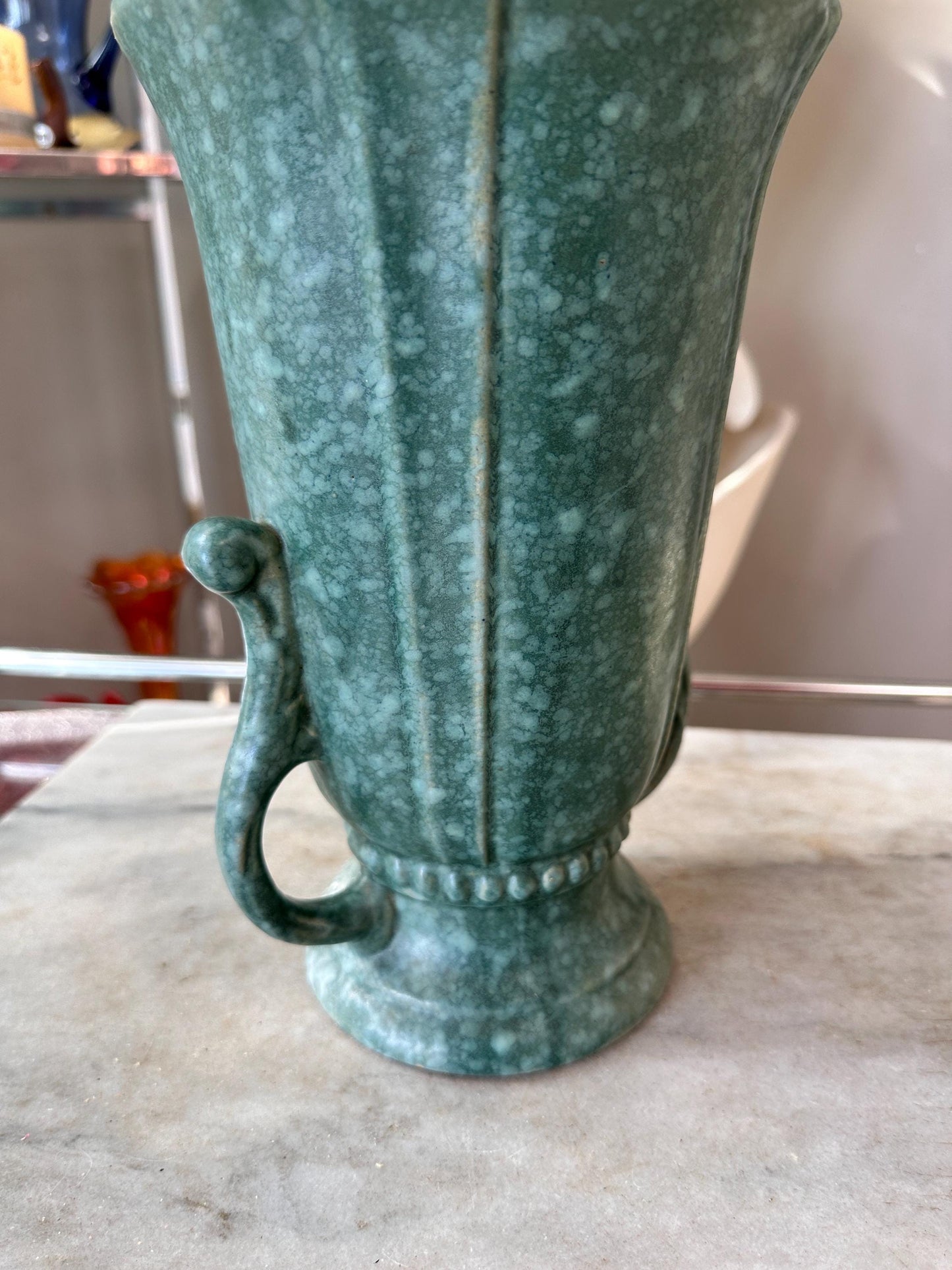 Vintage Robinson Ransbottom Victoria Green Marbled Vase – Art Deco Handled Pottery