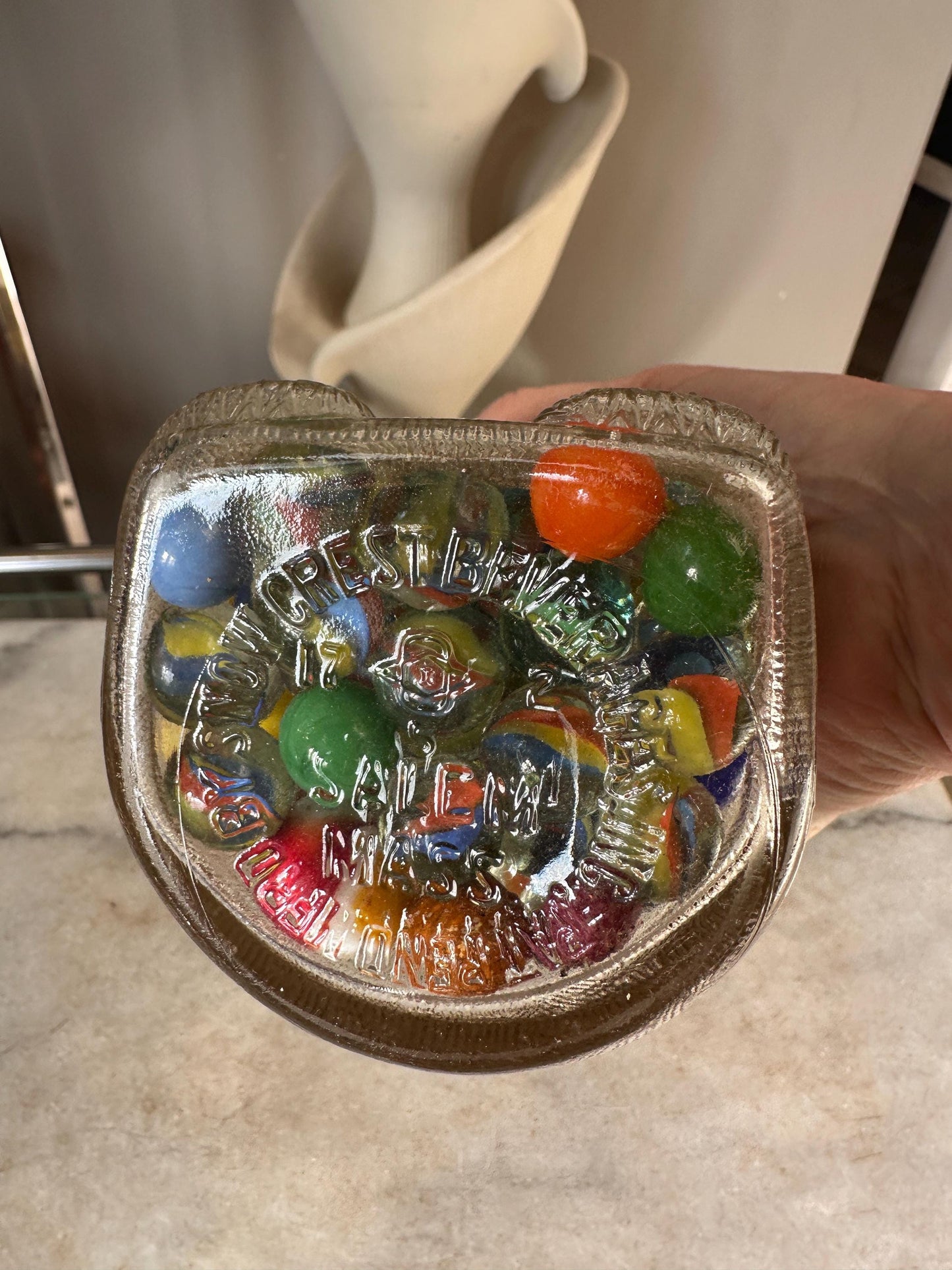 Vintage Snow Crest Glass Bear Bottle Bank with Marbles: Cat Eye Shooters