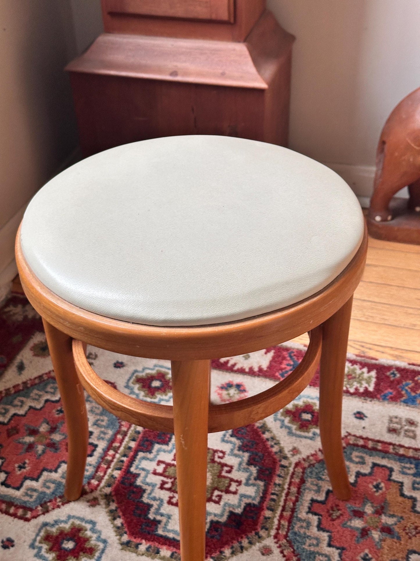 Vintage Thonet Bentwood Stool Chair | White Vinyl Padded Seat, European Furniture