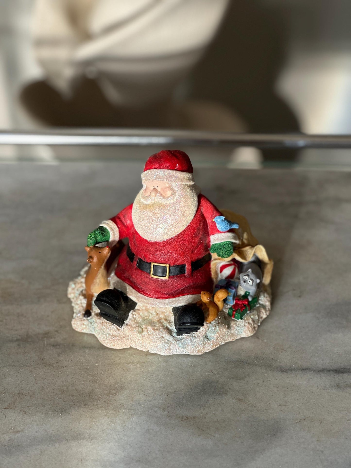 Vintage Russ Berrie Santa’s Village “Comfy Cozy Are We” Figurine with Original Box | Santa + Reindeer Christmas Resin Collectible | Holiday