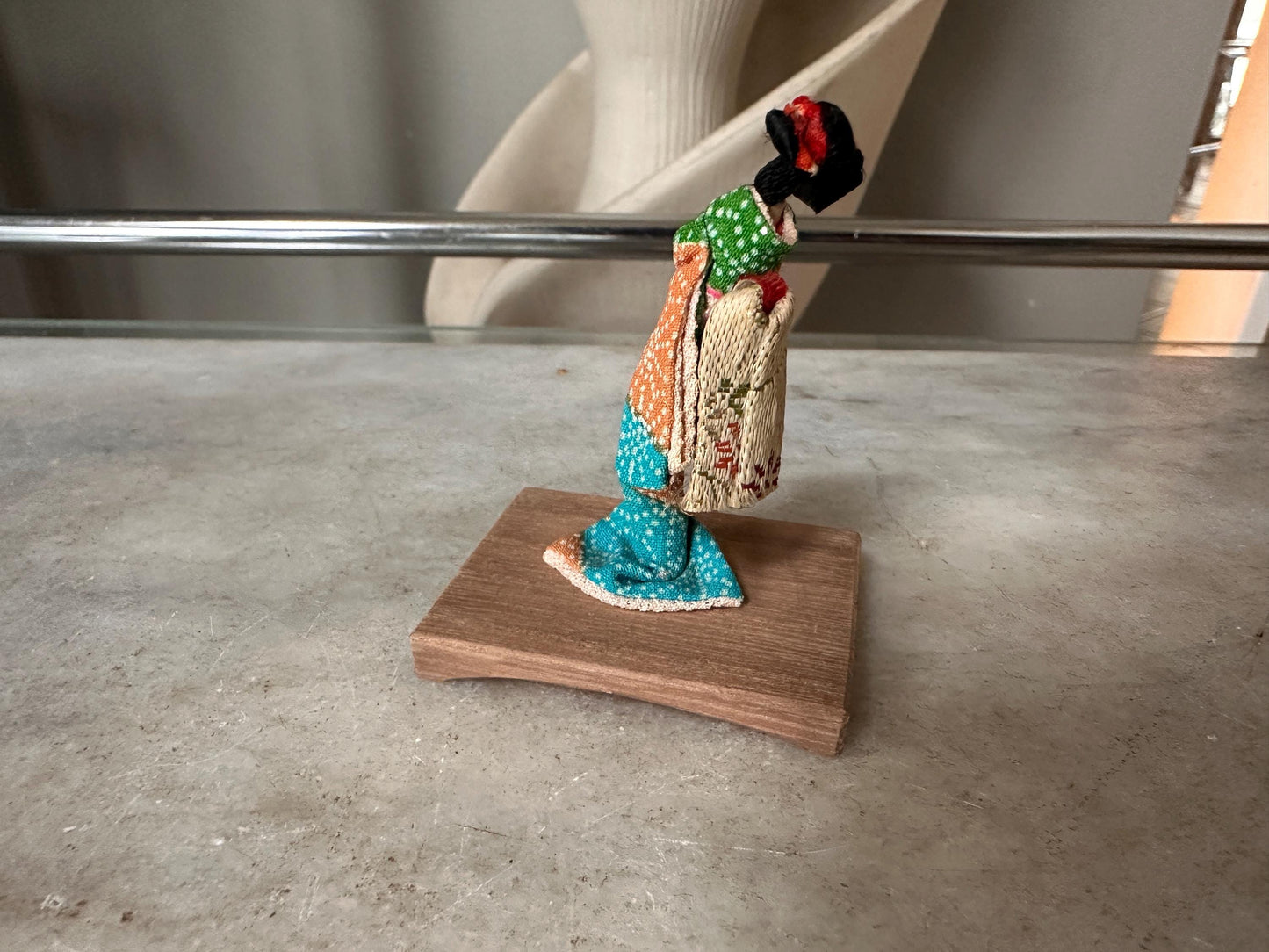 Vintage Japanese Figurine Pair | 1940s Celluloid Rickshaw Man Pulling Geisha & Dog + Miniature Washi Ningyo Doll | Folk Art Collectibles