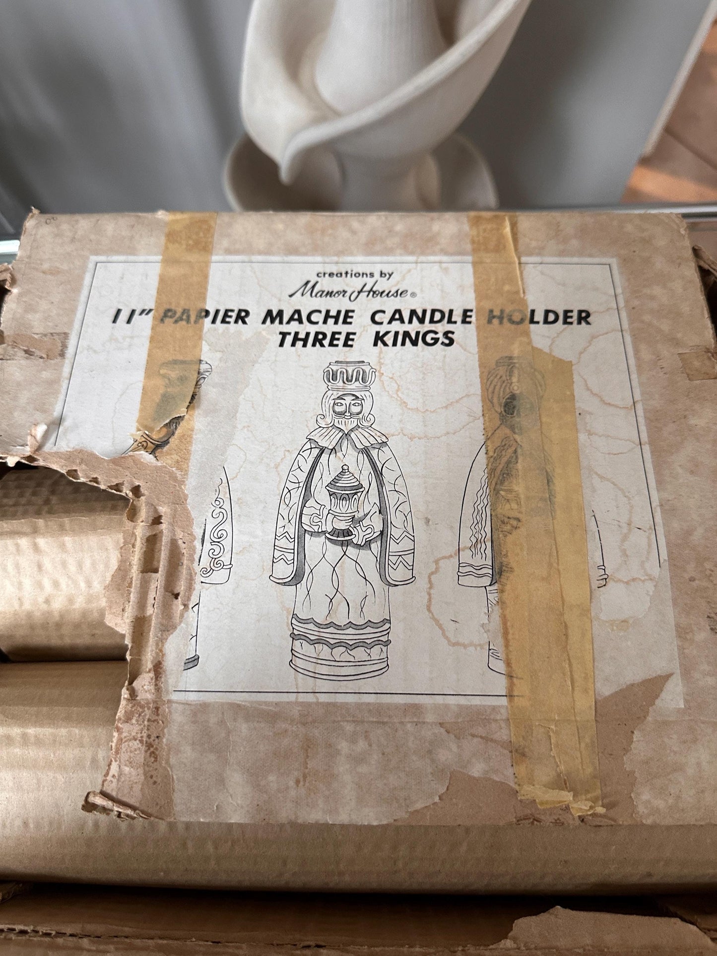 Vtg. creations by Manor House 11" papier mache candle holders Three Kings w Original Box | PLEASE READ DESCRIPTION