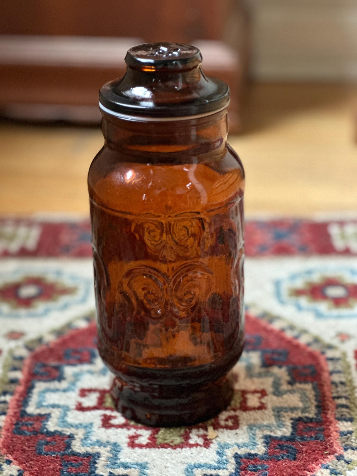 1970s Borden Cremora Amber Glass Canister: Fleur De Lis Apothecary Jar