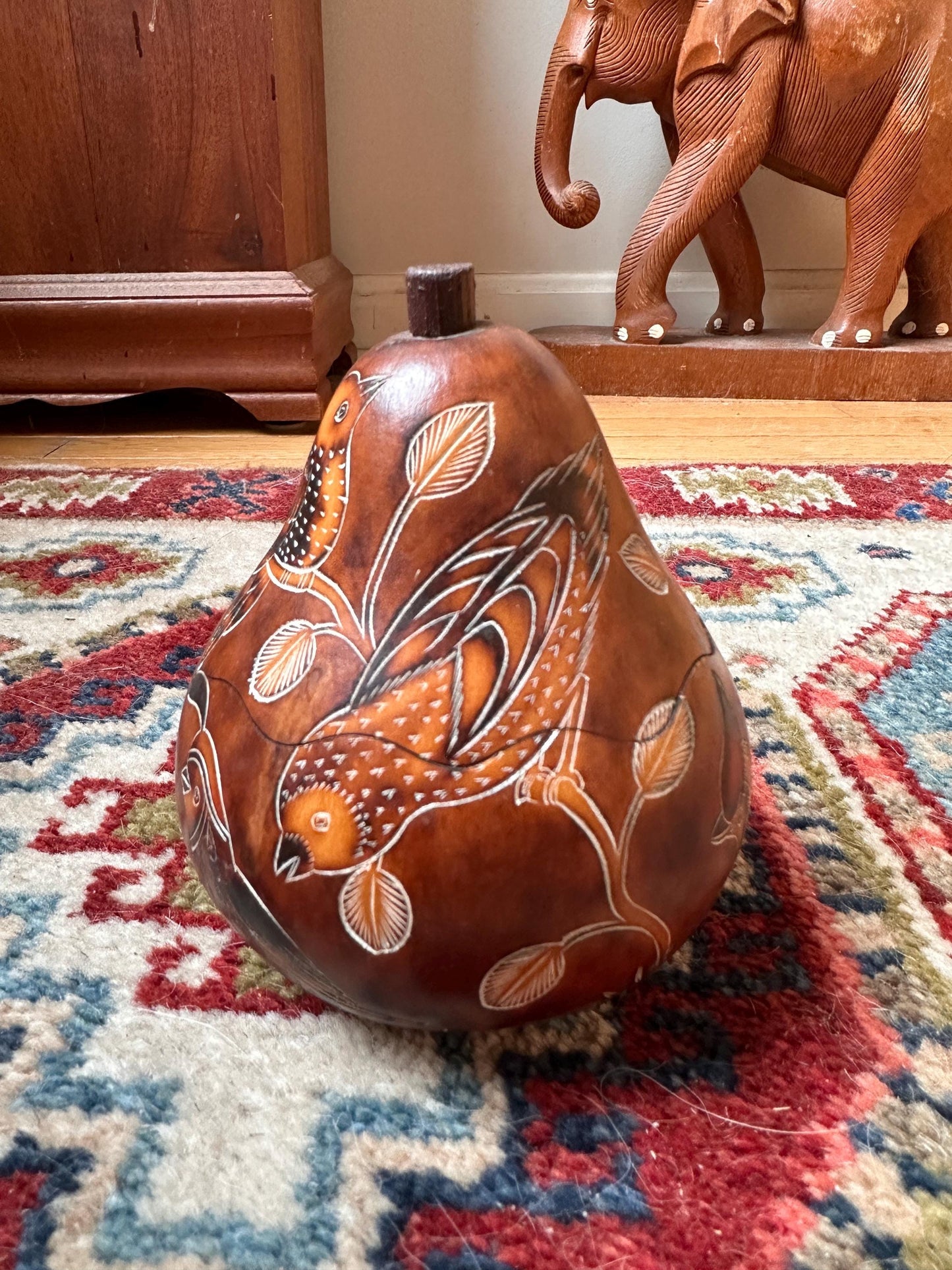 Peruvian Hand-Carved Gourd Box | Mate Burilado Folk Art Trinket Container | Pyrography & Etched Birds and Botanical Design
