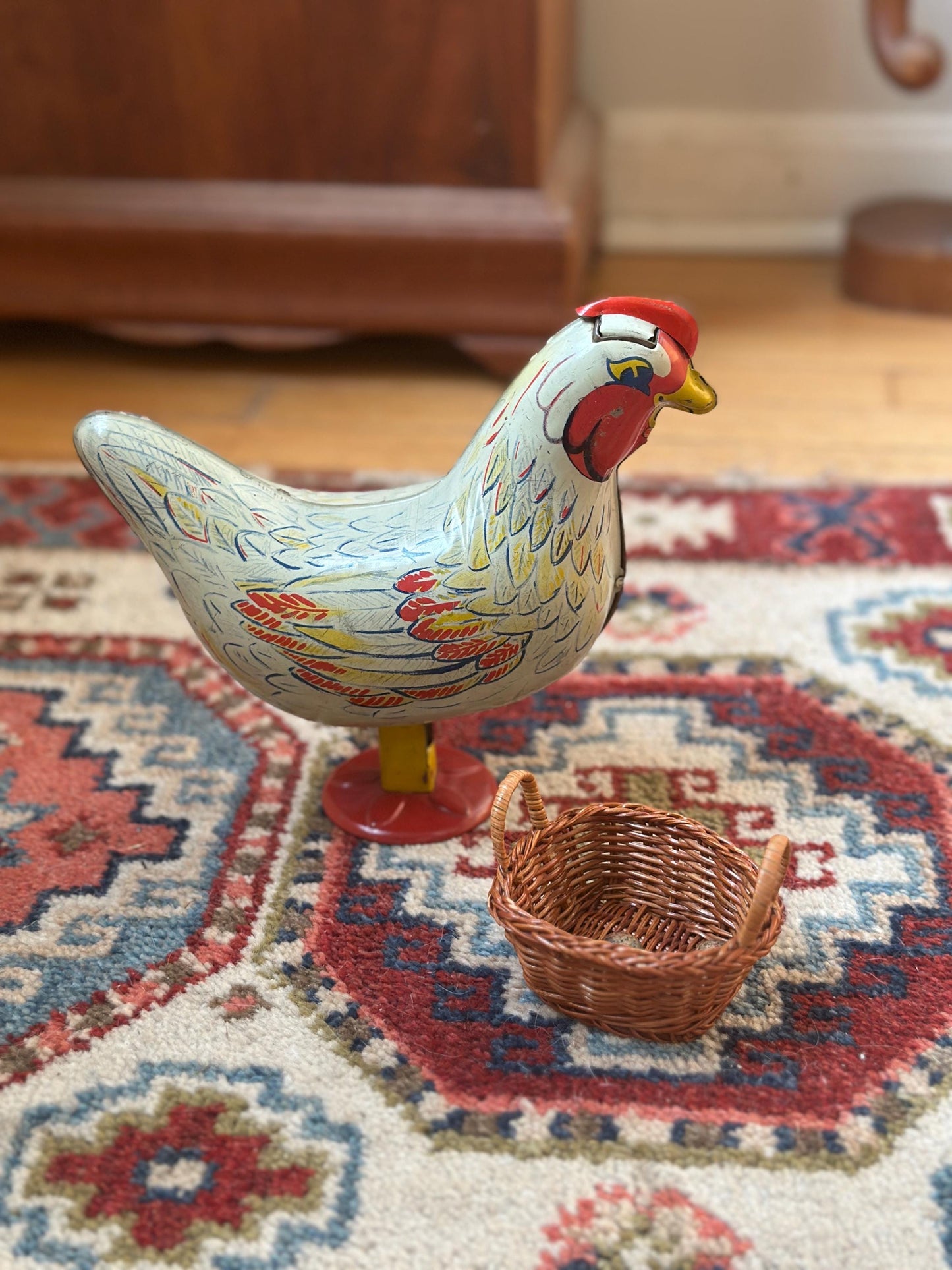 Vintage Wyandotte Tin Laying Chicken Toy | Wind-Up Works, Includes Basket & Marbles
