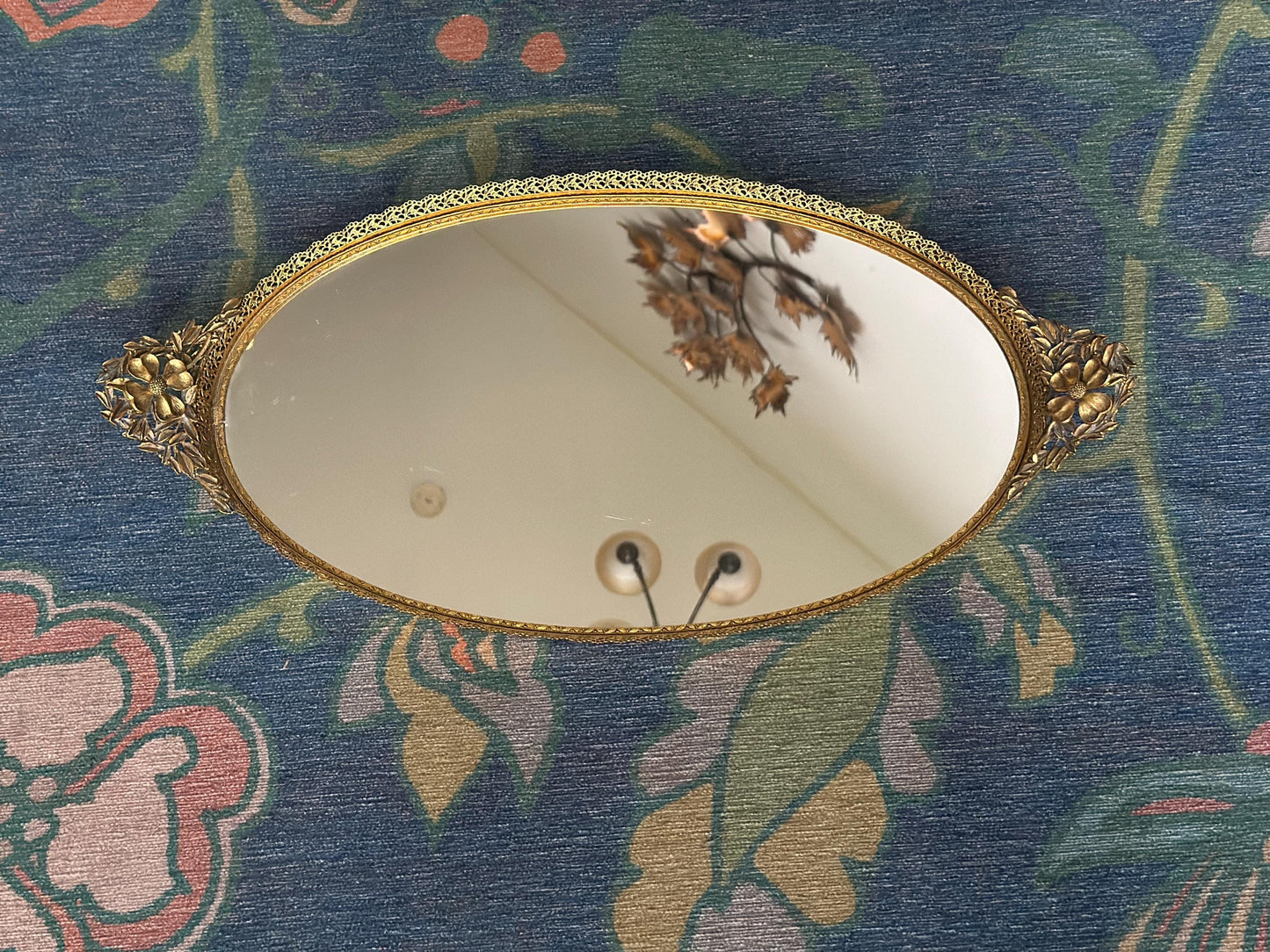 Vintage Hollywood Regency Oval Vanity Mirror | Gold Filigree Dogwood Flower Handles