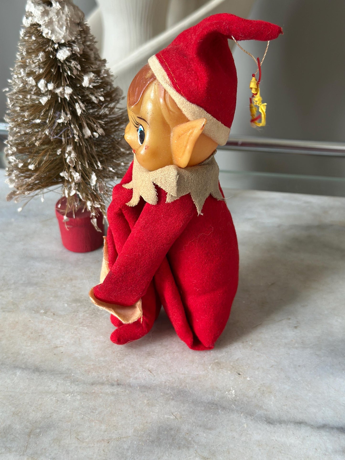 Vintage Large Knee Hugger Elf | Red Felt Suit | Rubber Faved | 14” | Kitschy Christmas