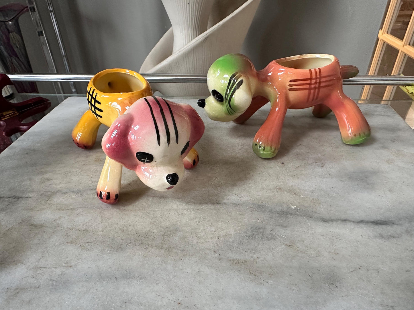 Vintage Kitsch Puppy Dog Planter | Mid-Century Orange Green Glazed Ceramic Vase