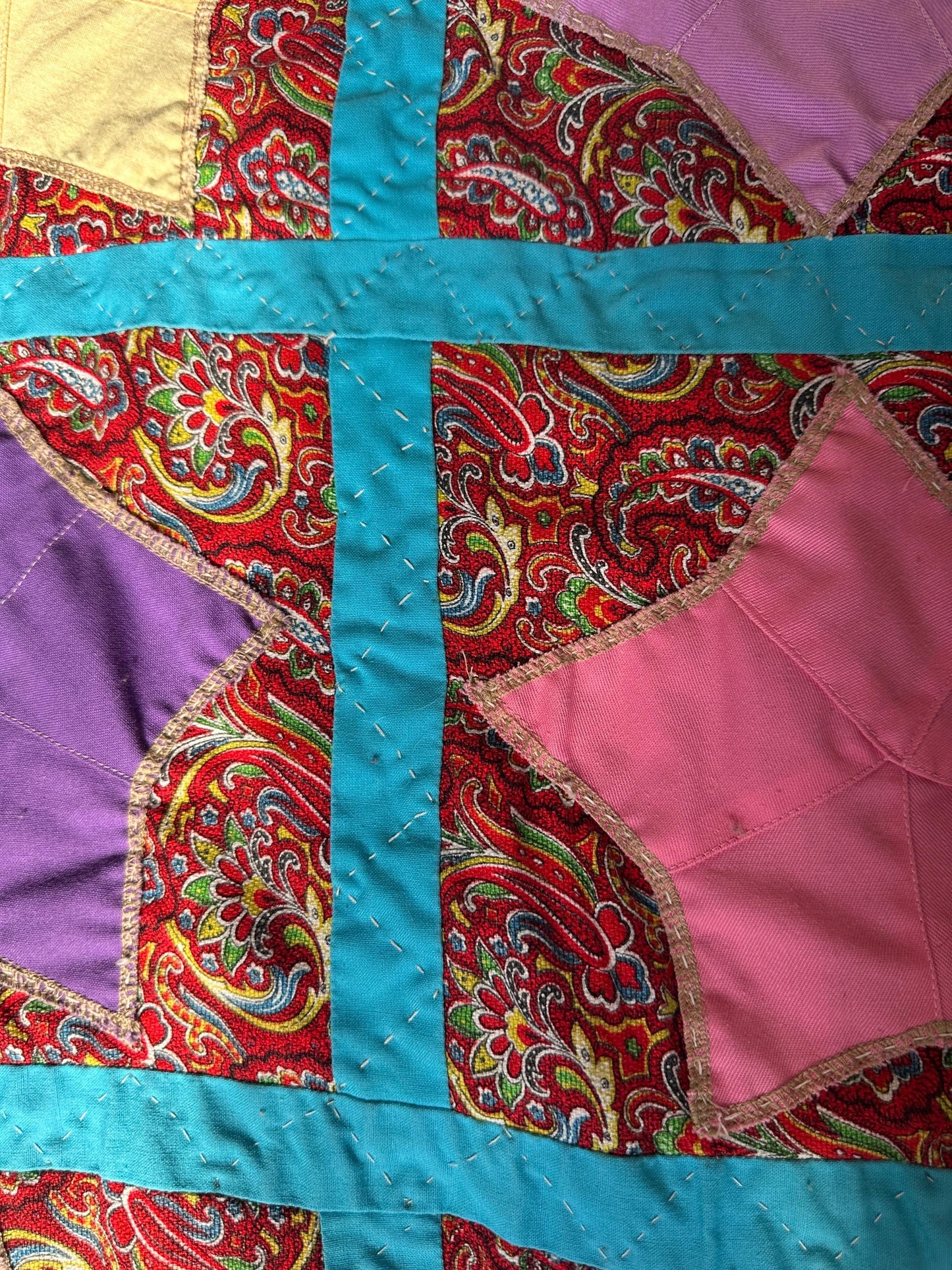 1980s Hand-Stitched Star Quilt – Multicolor Cotton, Paisley Background, Turquoise Border (67" x 77")