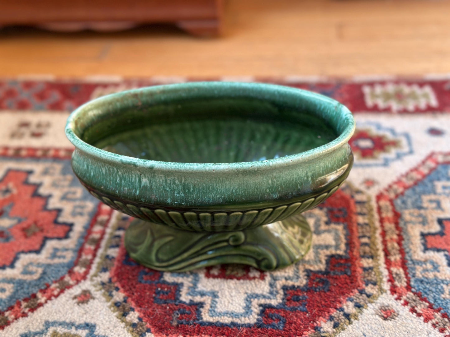 Vintage USA Pottery Green Drip Glaze Pedestal Compote Planter – Ribbed Leaf Design MCM 9”