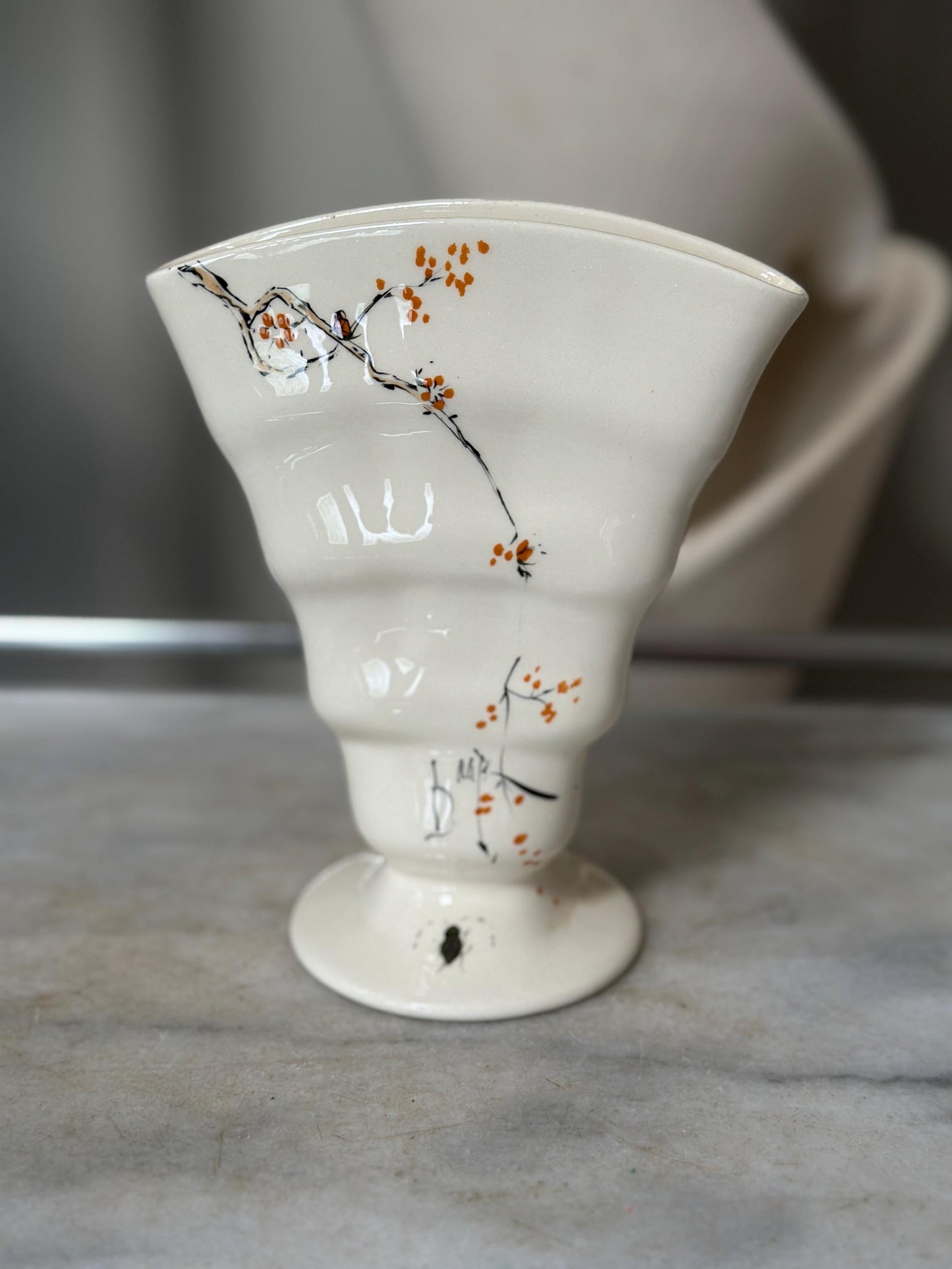 Baatz USA Hand-Painted Ceramic Vase – Orange Floral Branch Pedestal 6” Tall