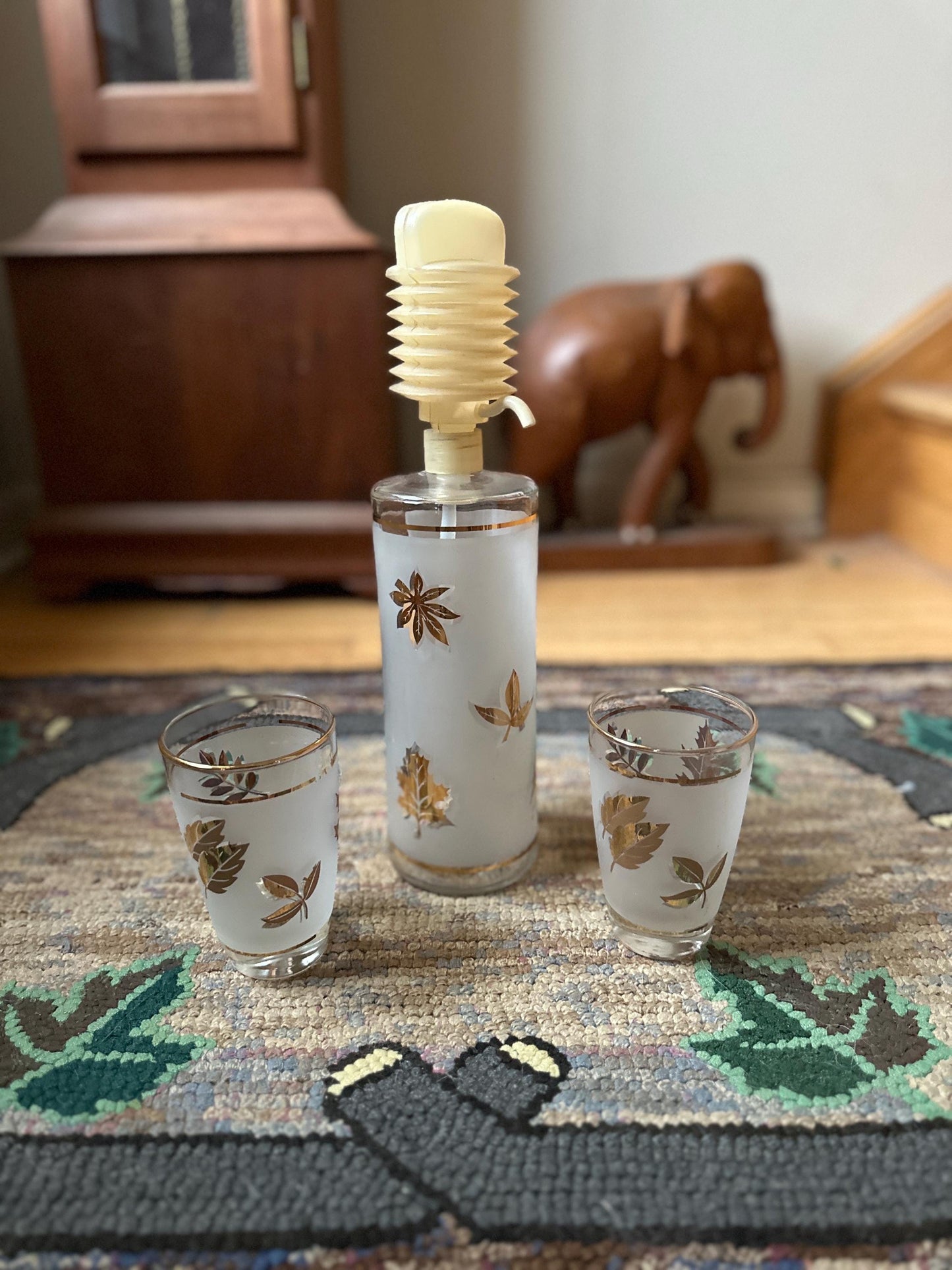 Libbey "Golden Foliage" Liquor Pump Dispenser MCM and Two Matching Cocktail Glasses | MCM Libbey Golden Foliage Cocktail Set | MCM Barware