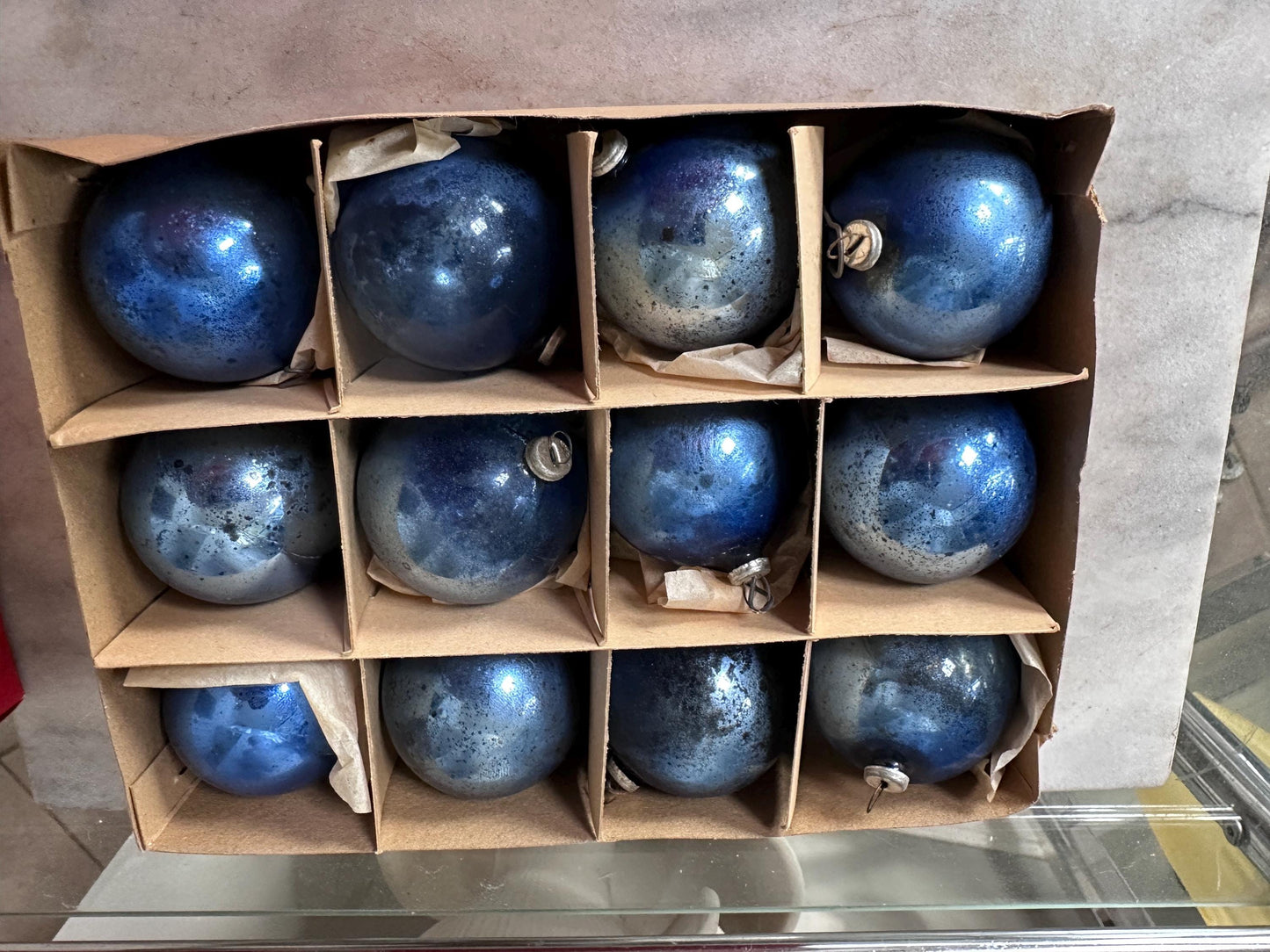 Vintage Blue Mercury Glass Christmas Ornaments – Set of 12 – Made in Japan – Original Box – 1.75” – Poinsettia Graphics – True Vintage Find