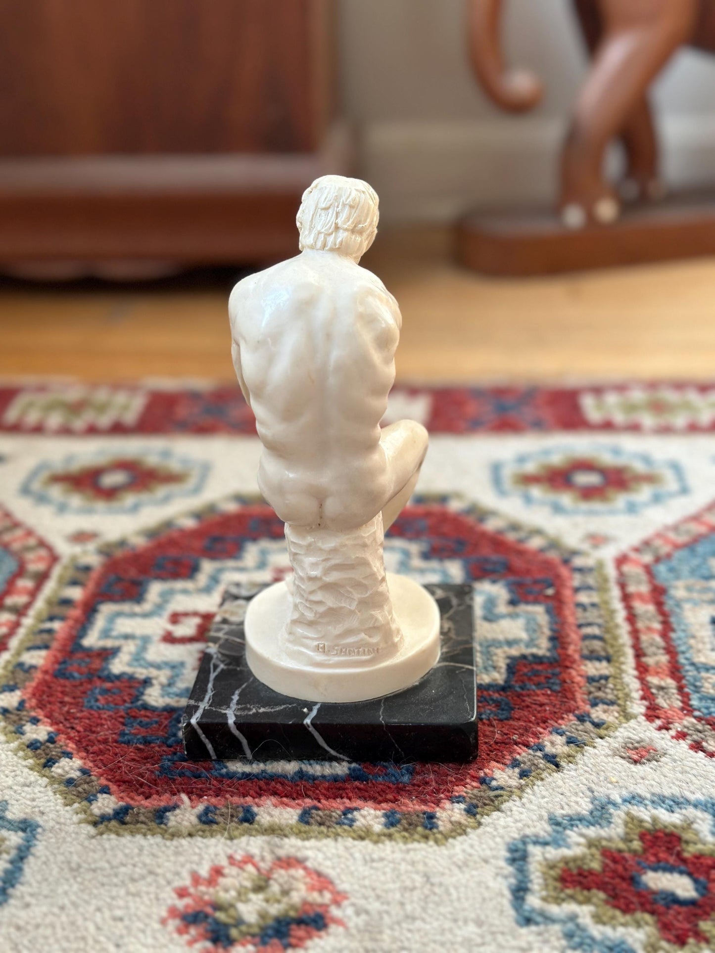 Vintage A. Santini “The Thinker” Sculpture – Male Nude Statue on Marble Base – Made in Italy – 7.75” Tall