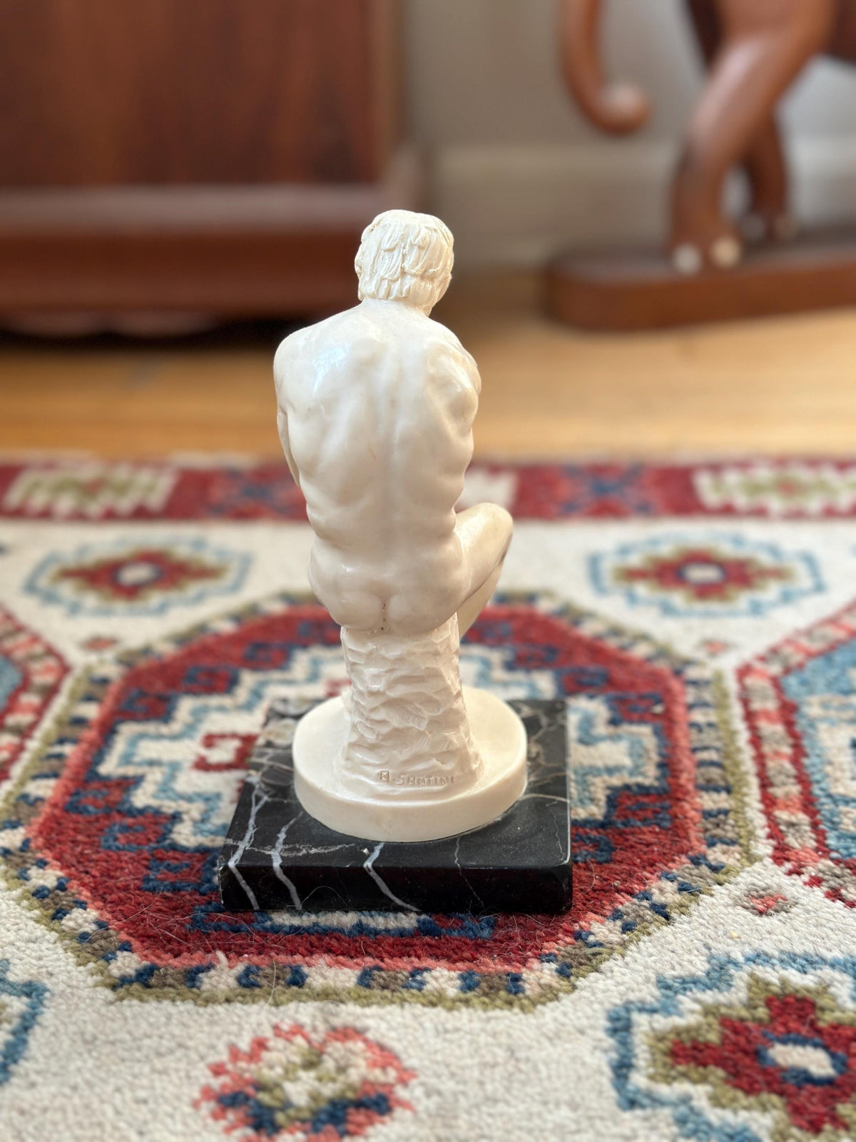 Vintage A. Santini “The Thinker” Sculpture – Male Nude Statue on Marble Base – Made in Italy – 7.75” Tall