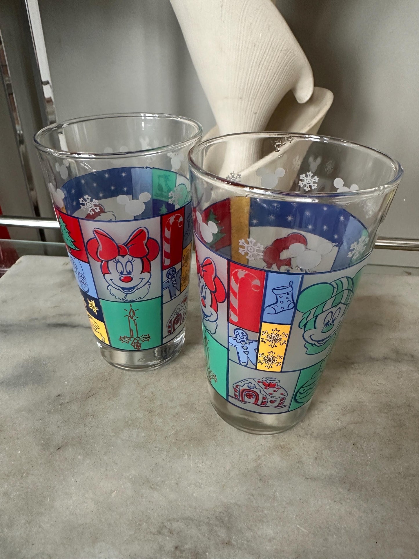 Vintage Disney Anchor Hocking Set of 2 Mickey & Minnie Mouse Christmas Pint Glasses - 1980s