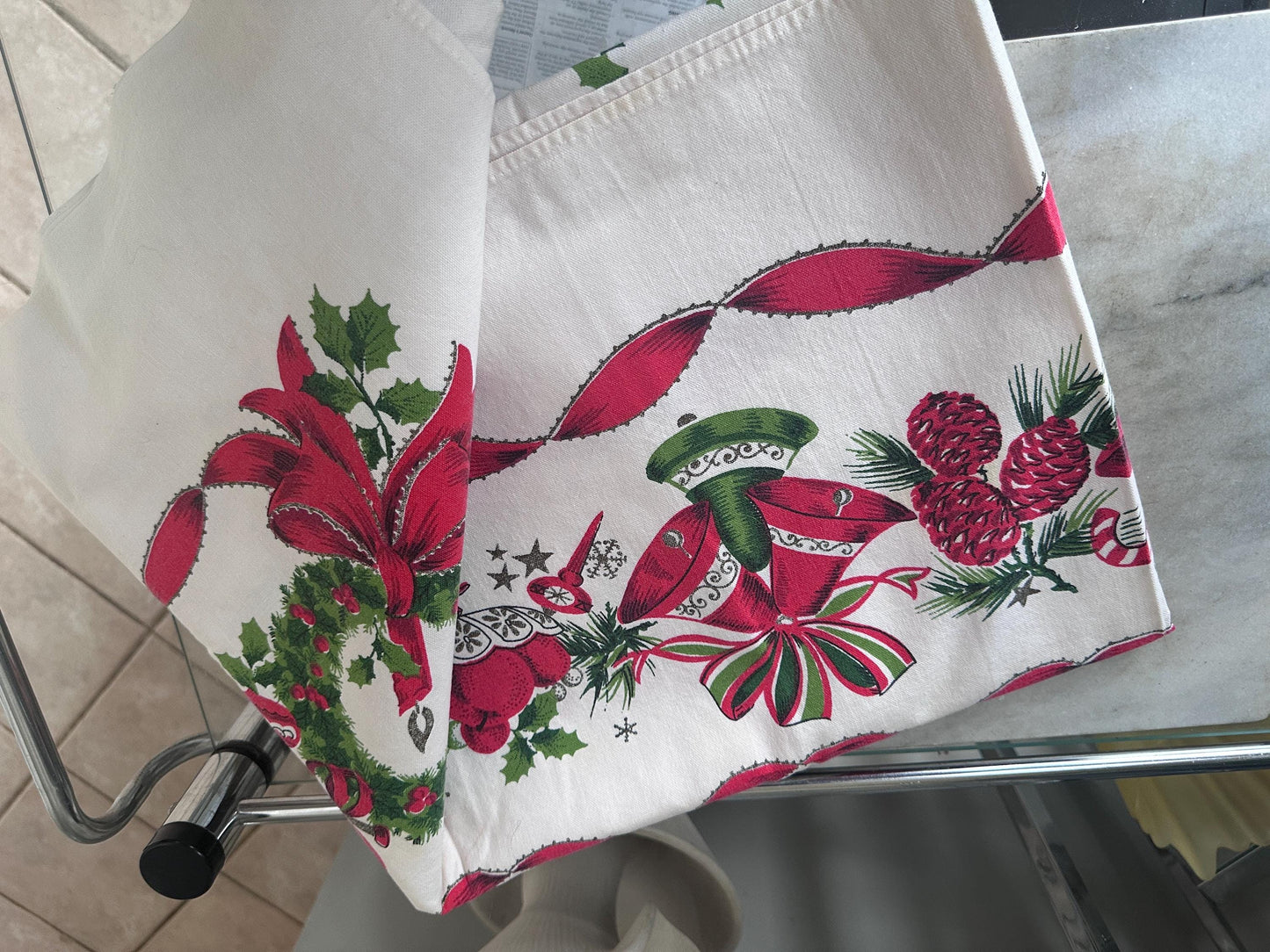 Vintage MCM Christmas Tablecloth | Red Ribbon, Poinsettia & Ornament Print | 46” x 52” | Retro Holiday Linens | Craft + Repurpose Project