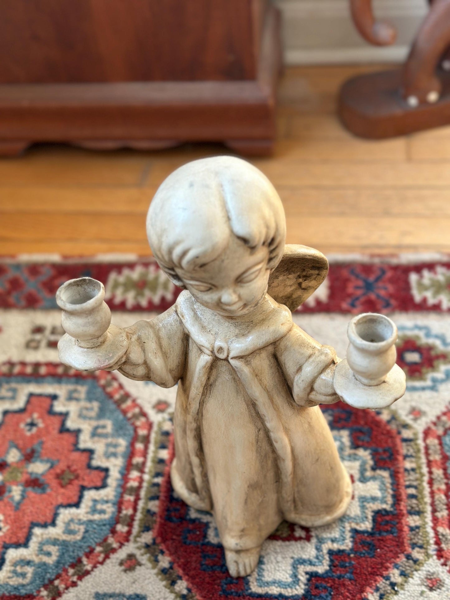 Vintage Ceramic Angel Double Candle Holder – 13” Tall Christmas Centerpiece, Litschy Christmas, Retro Christmas