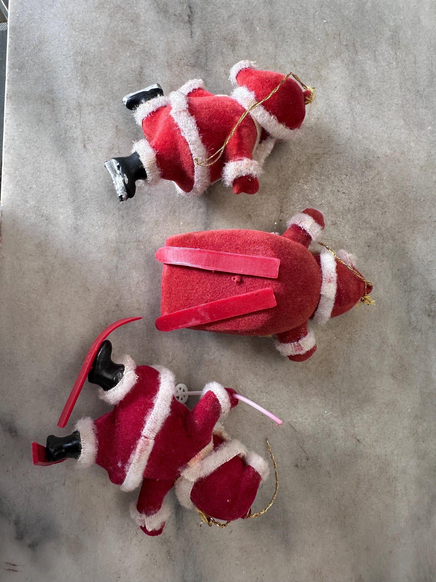 Vintage MCM Flocked Santa Skating / Skiing / Sledding Ornaments - Set of 3