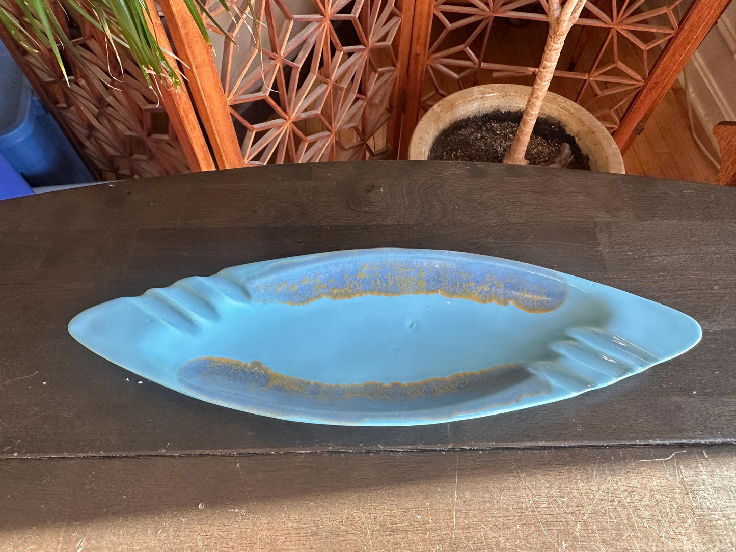 Vintage Ashtray USA Pottery #3450 X Orange with Green Drip Glaze