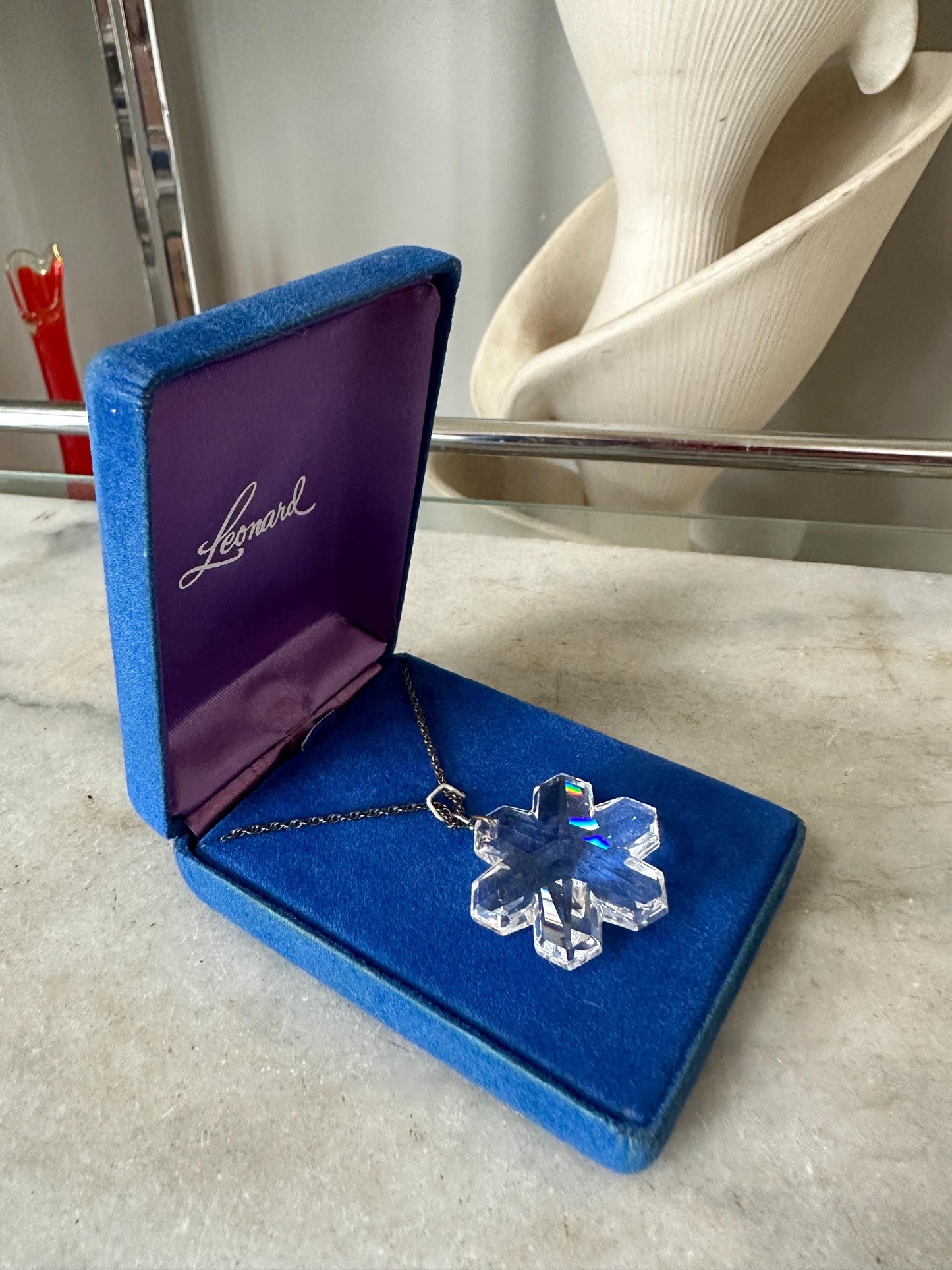 VTG LEONARD Genuine Snowflake Crystal Pendant Sterling Silver 18* Chain NIB